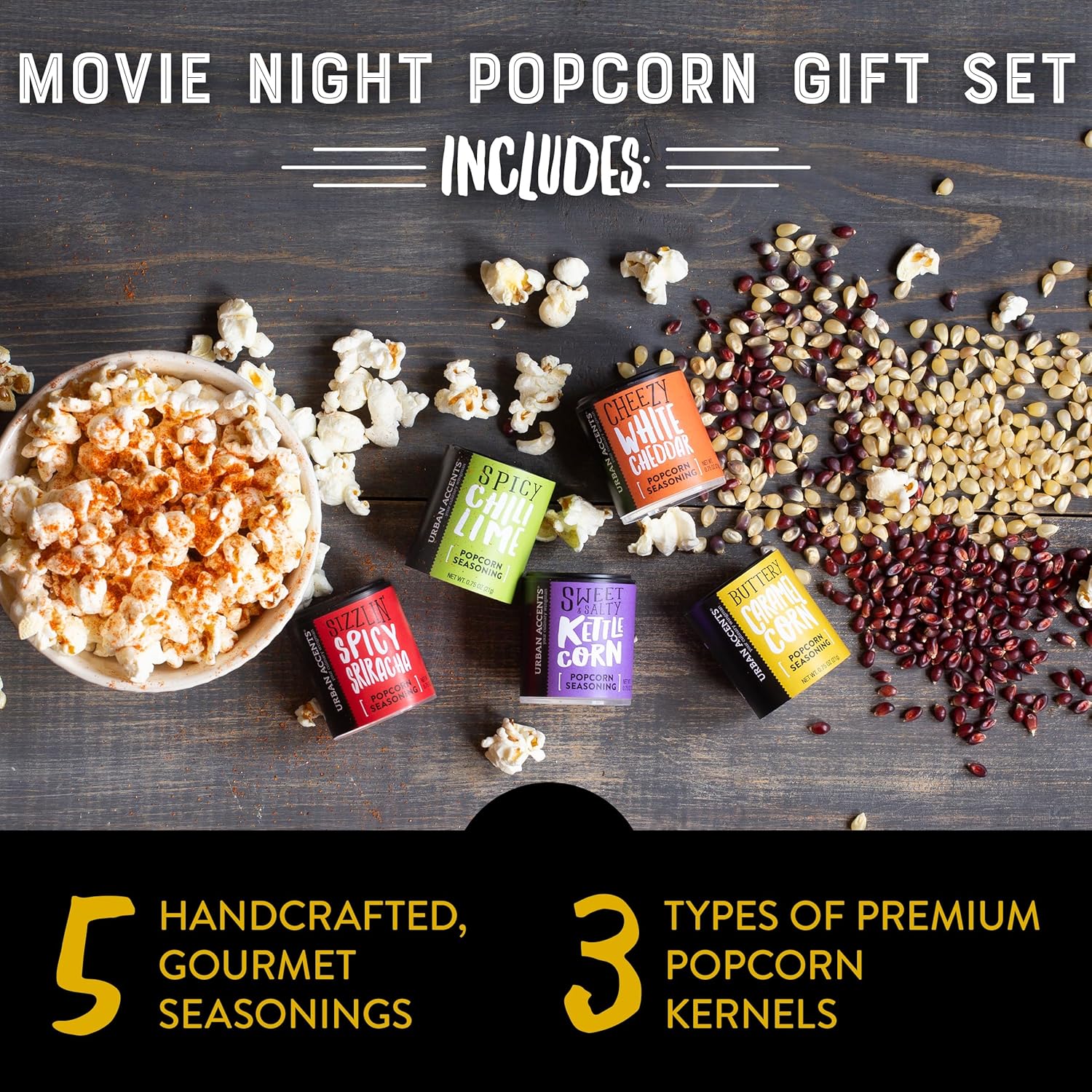 Urban Accents Movie Night Popcorn Gift Set – Includes 3 Gourmet Popcorn Kernel Varieties & 5 Flavorful Seasonings – Perfect Snack Gift Box for Parties, Holidays, or Movie Lovers - Image 3