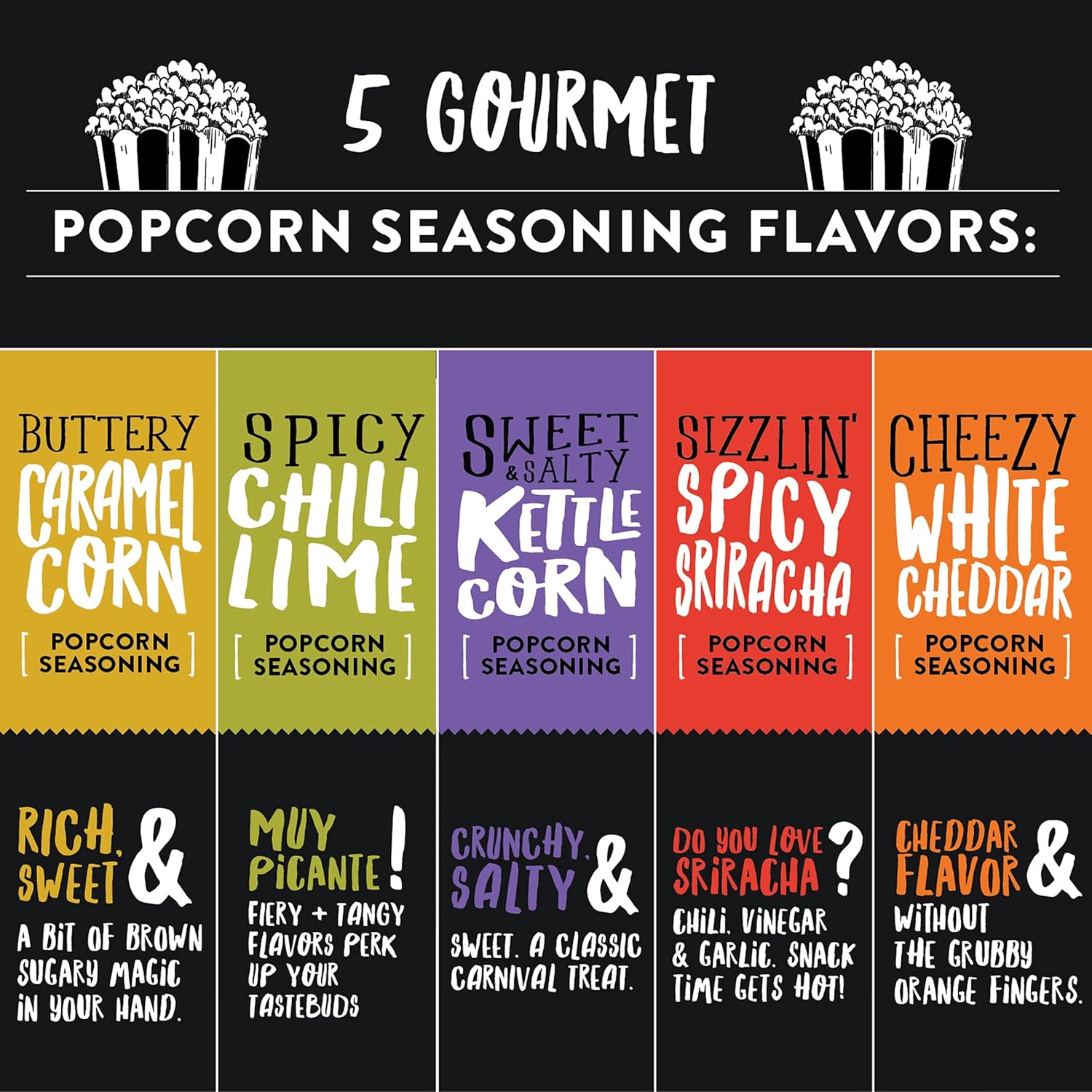 Urban Accents Movie Night Popcorn Gift Set – Includes 3 Gourmet Popcorn Kernel Varieties & 5 Flavorful Seasonings – Perfect Snack Gift Box for Parties, Holidays, or Movie Lovers - Image 4