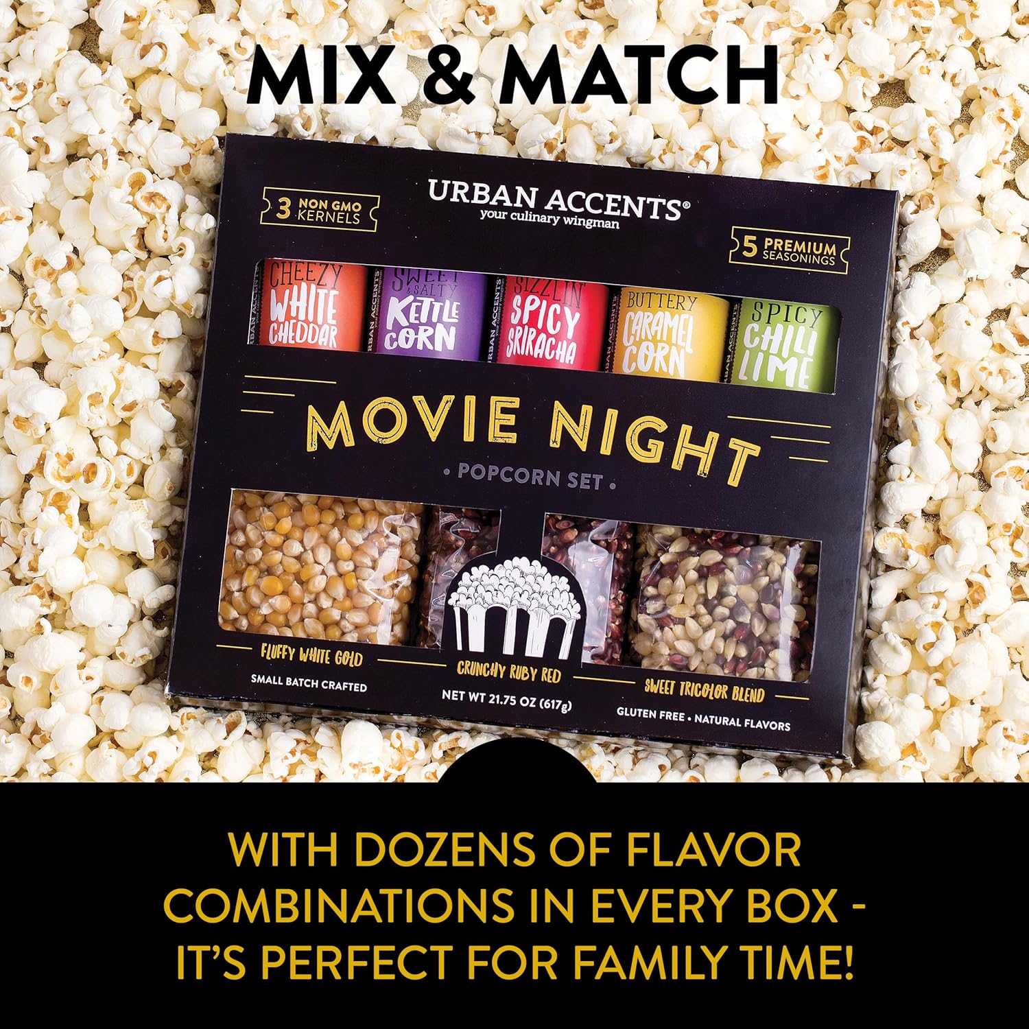 Urban Accents Movie Night Popcorn Gift Set – Includes 3 Gourmet Popcorn Kernel Varieties & 5 Flavorful Seasonings – Perfect Snack Gift Box for Parties, Holidays, or Movie Lovers - Image 7