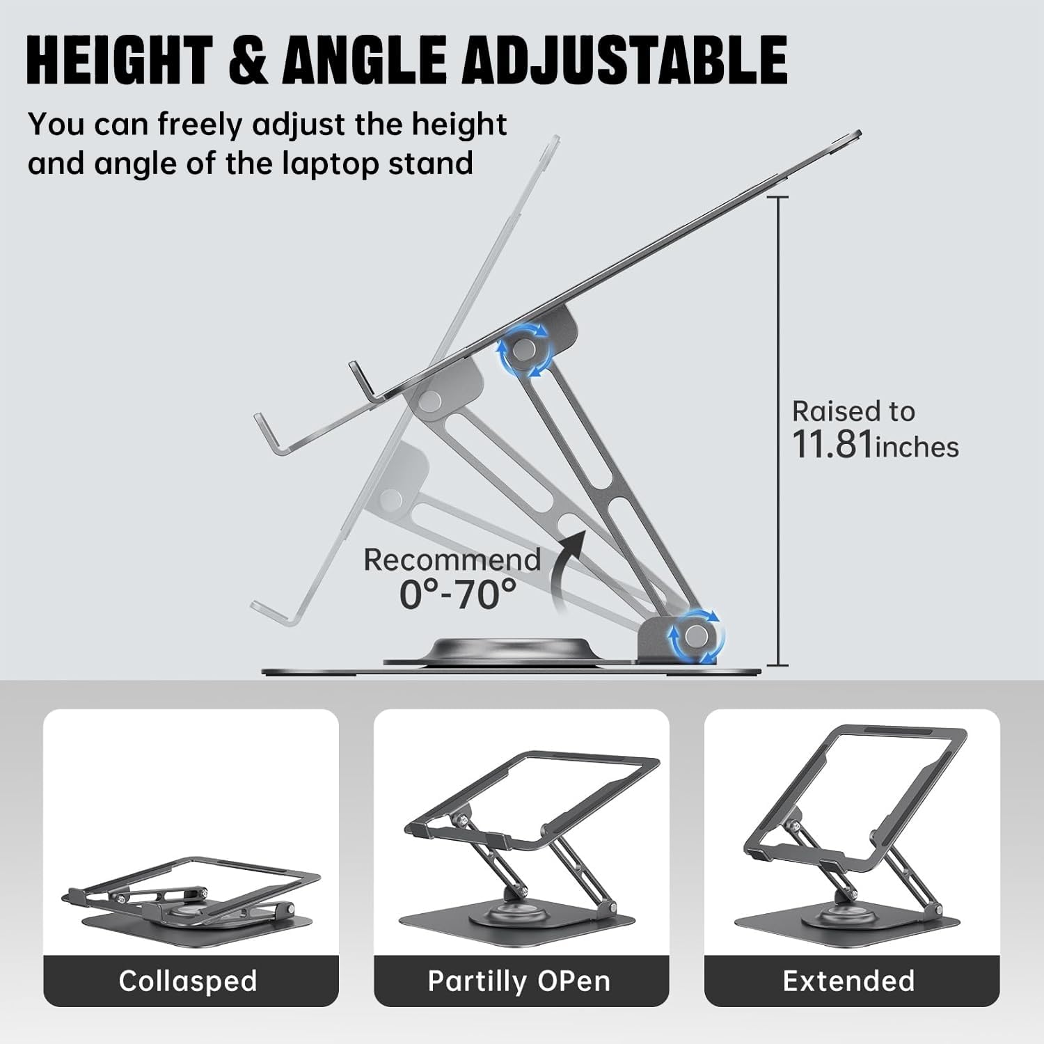 Laptop Stand for Desk, Adjustable Computer Stand with 360° Rotating Base, Ergonomic Laptop Riser for Collaborative Work, Foldable & Portable Laptop Stand, fits for All 10-16" Laptops (Grey) - Image 4