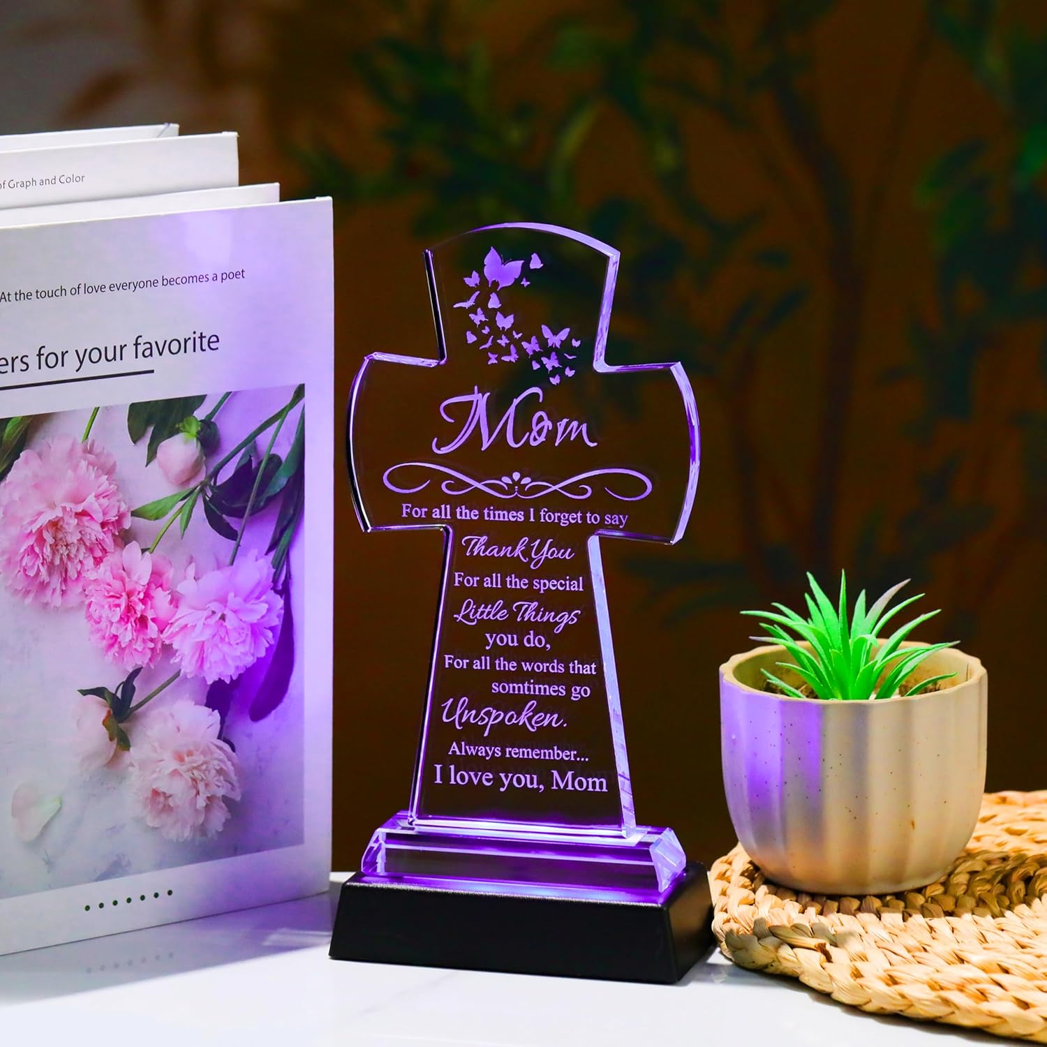 Qianwei Gifts for Mom from Daughter Son - Crystal Cross Christian Gifts for Mom with Led Colourful Light Base - Christmas Valentines Mothers Birthday Day Gifts Her Mama - Image 2