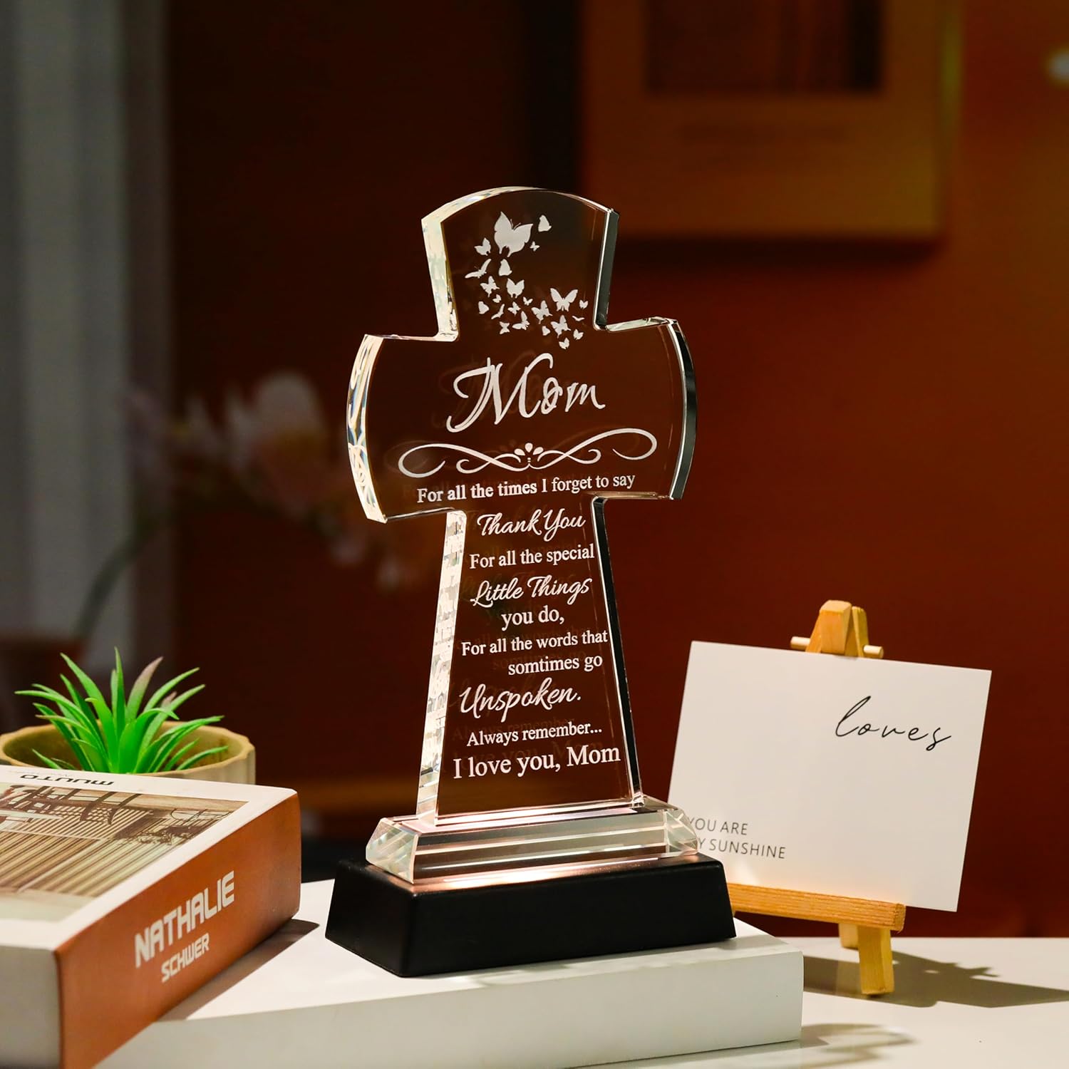 Qianwei Gifts for Mom from Daughter Son - Crystal Cross Christian Gifts for Mom with Led Colourful Light Base - Christmas Valentines Mothers Birthday Day Gifts Her Mama - Image 4