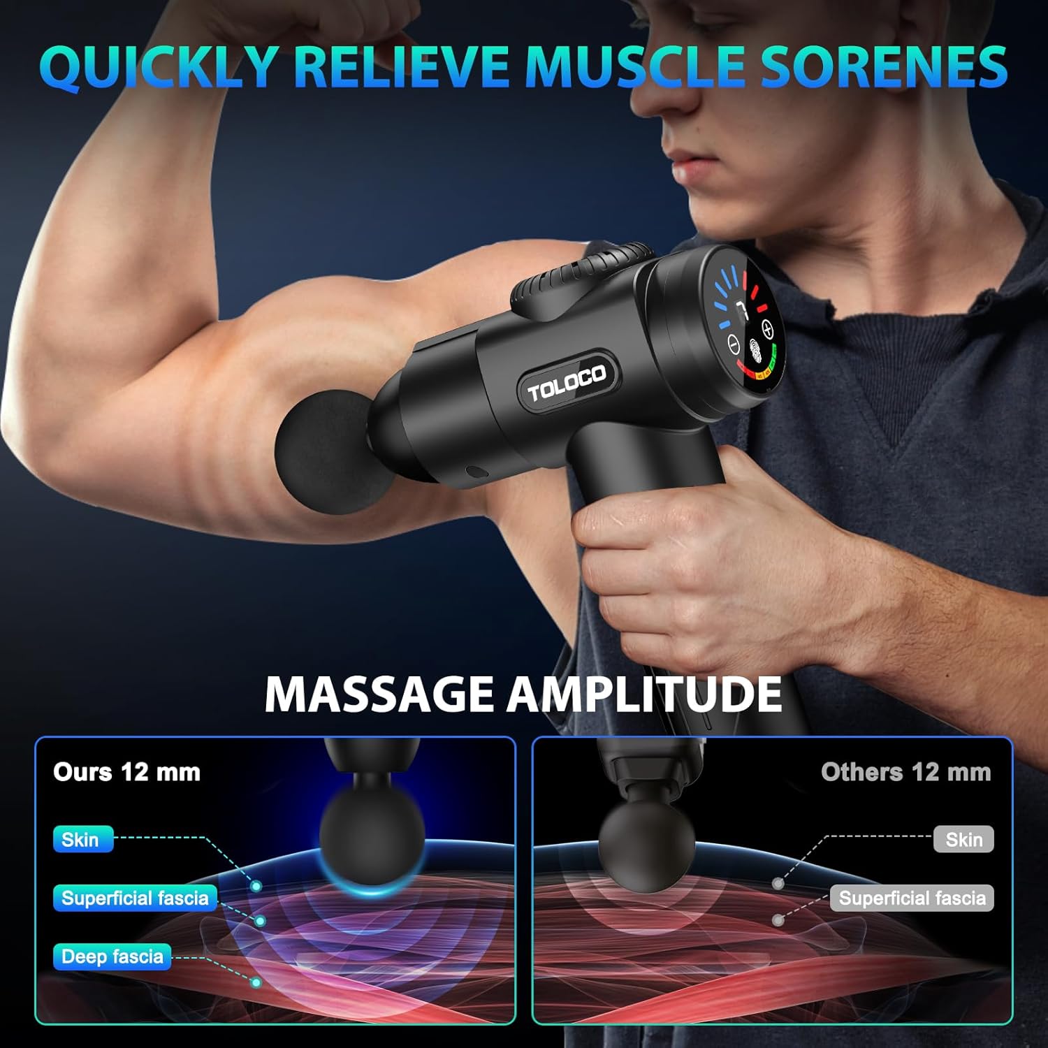 TOLOCO Massage Gun, Deep Tissue Back Massage for Athletes for Pain Relief, Percussion Massager with 10 Massages Heads & Silent Brushless Motor, Valentines Day Gifts for Him Her, Black - Image 6