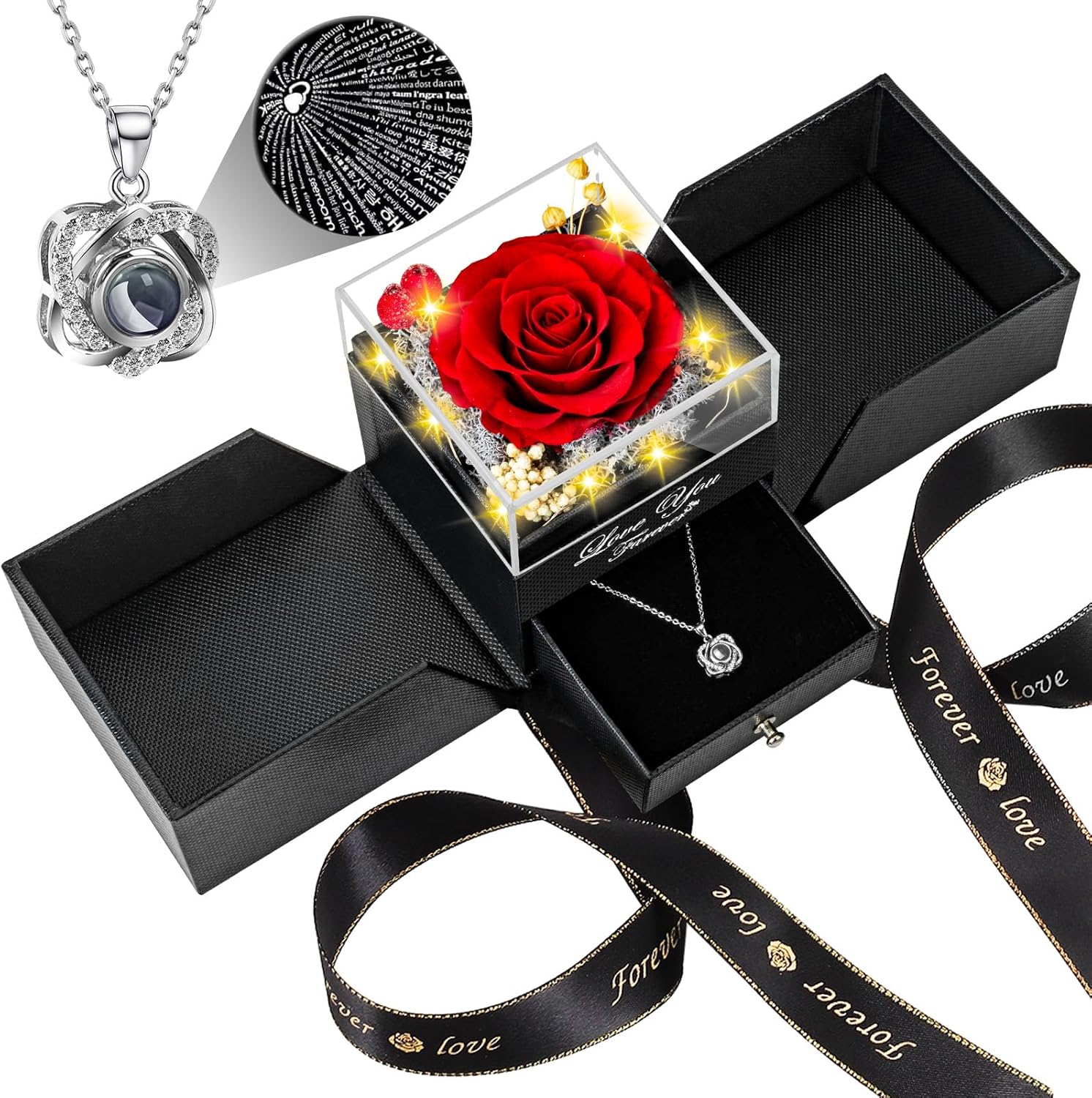 Preserved Red Real Rose with Heart I Love You Necklace -Eternal Flowers Rose Birthday Gifts for Her Mom Wife Girlfriend Grandma on Valentines Mothers Day Christmas Anniversary Romantic-Red