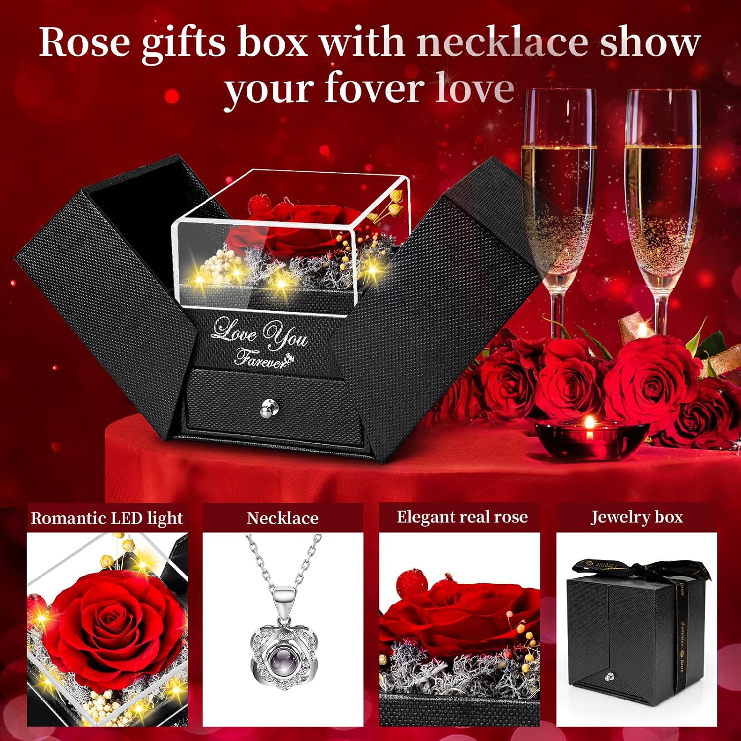 Preserved Red Real Rose with Heart I Love You Necklace -Eternal Flowers Rose Birthday Gifts for Her Mom Wife Girlfriend Grandma on Valentines Mothers Day Christmas Anniversary Romantic-Red - Image 2