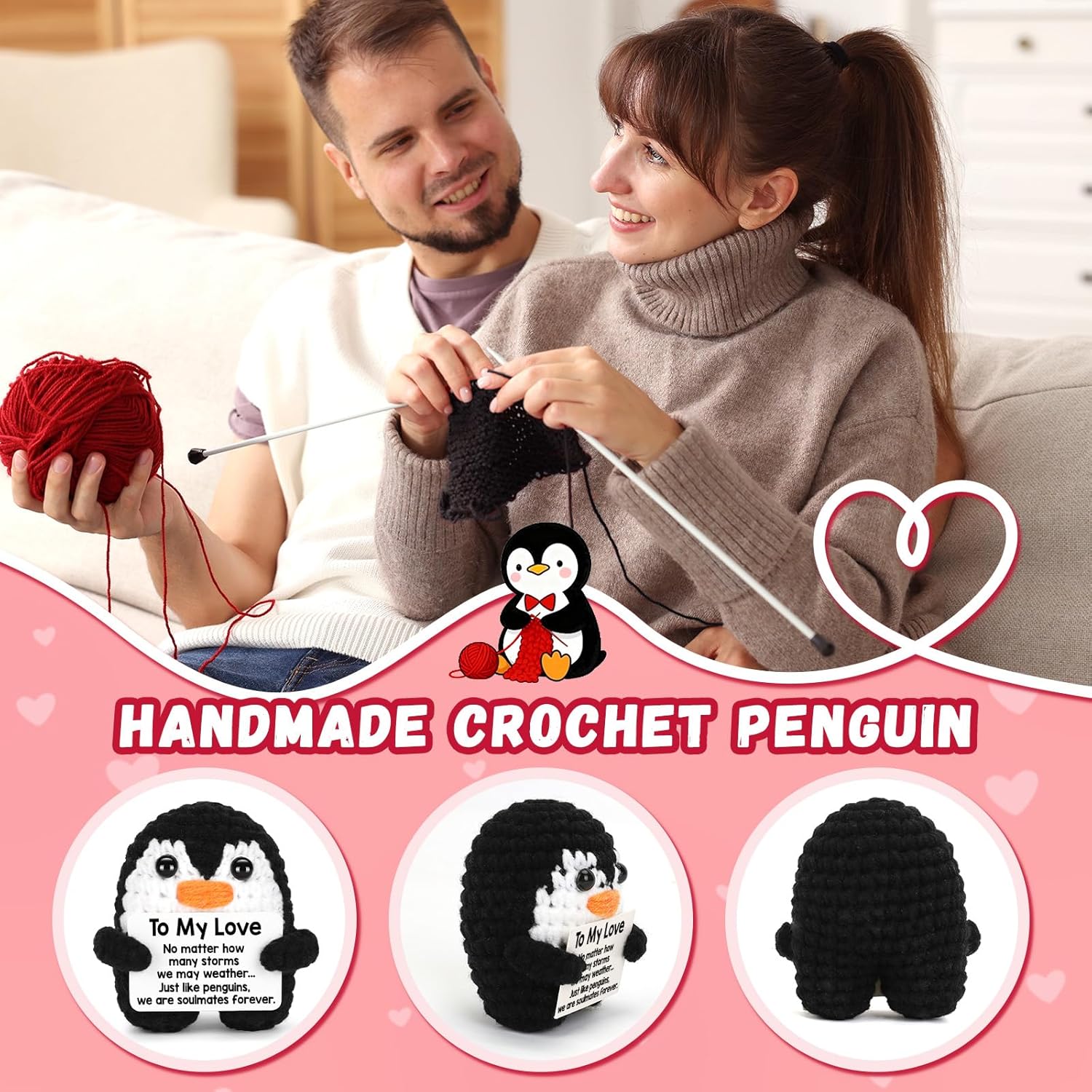 Gifts for Him Her Boyfriend Girlfriend, To My Love Handmade Crochet Mini Penguin Anniversary Birthday Gifts for Women Men, Romantic Valentines I Love You Gifts for Wife Husband Couples Cute Decor - Image 3
