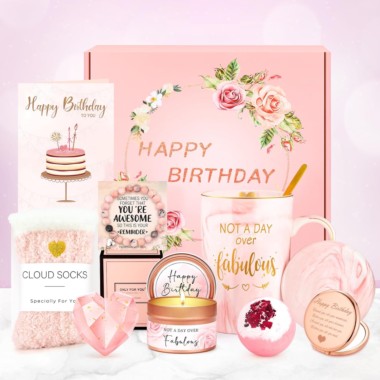 Birthday Gifts for Women Happy Birthday Gift Baskets for Women Unique Not A Day Over Fabulous Mug Gift ideas Pink Gifts Box Set Presents for Her Friends Mom Sister Wife Coworkers Daughter Aunt Mom