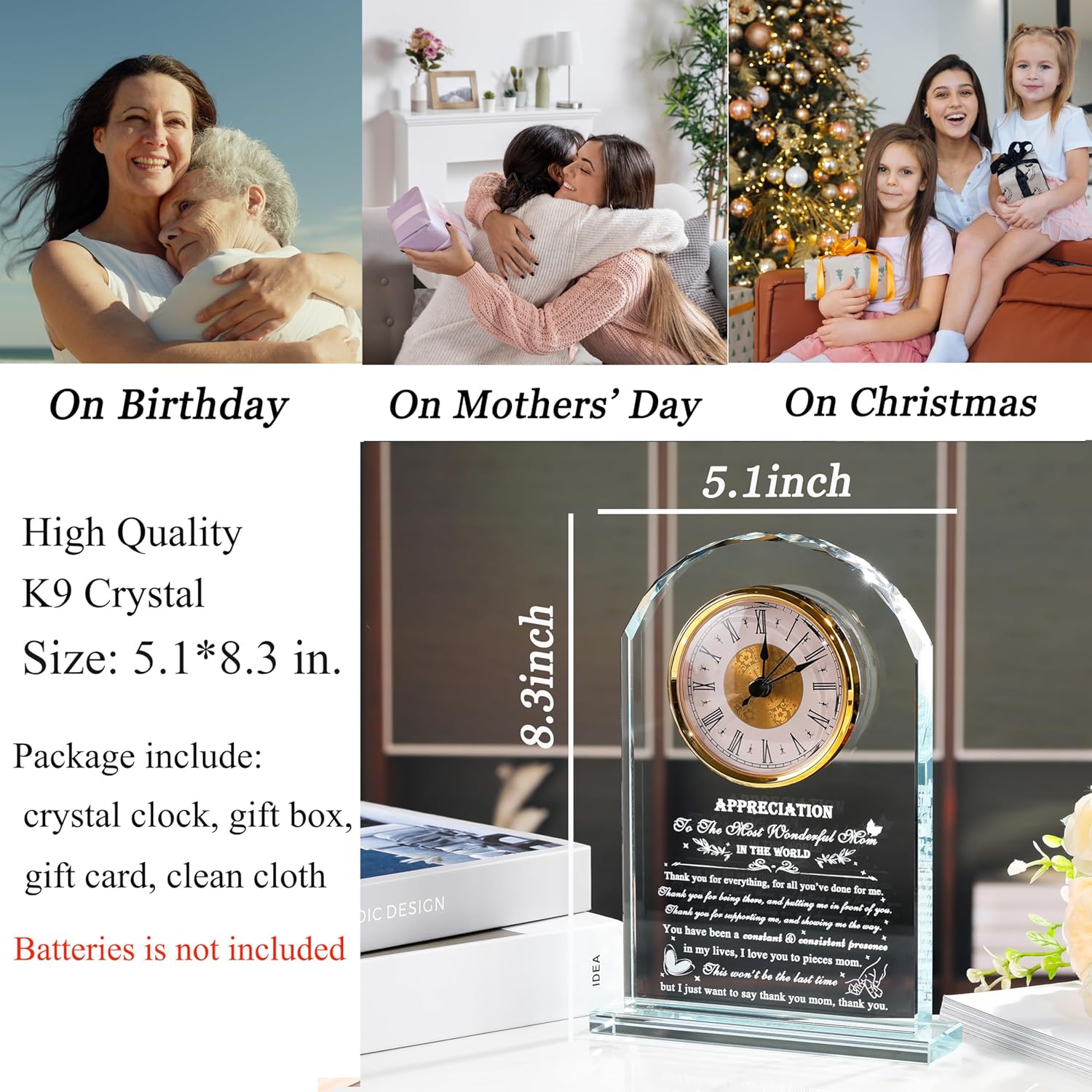 Mom Gifts from Daughter Son - Crystal Clock Engraved Mothers Day Appreciation Gifts Keepsake for Mother Mama who has Everything - Love Reminder Present for Birthday Thanksgiving Christmas - Image 3