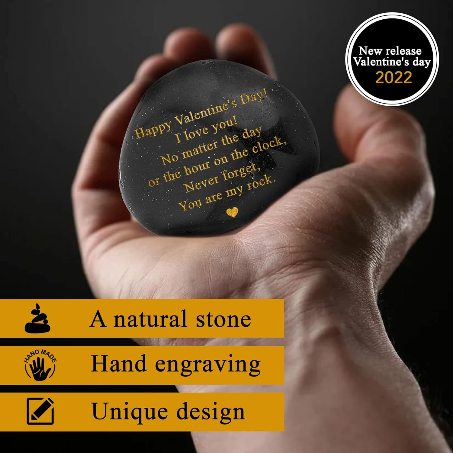 Happy Valentines Day Gift - Black Polished You are My Rock Engraved Pebble - Emotional Valentines Gifts for Him, Valentines Gifts for Her - Boyfriend Gifts, Girlfriend Gifts, Gifts for Couples - Image 2