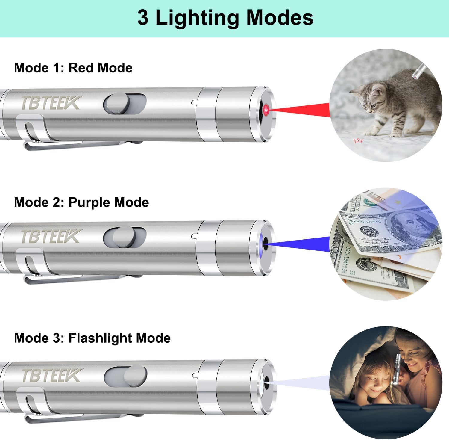 TBTeek Cat Toy, USB Rechargeable Interactive Kitten Toy, 7 Light Modes & Adjustable Patterns, Portable Pet Cat Mouse Toy for Fun Chase Play Exercise (2 Pack) - Image 3