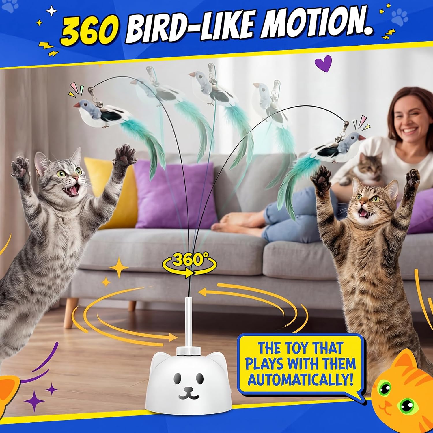 Interactive Cat Toys for Indoor Cats - Automatic Flying Bird Feather Toy, USB Rechargeable Electric Cat Teaser with Strong Sticky Base, Smart Motion Activated Self-Play Enrichment Toy for Bored Cats - Image 7