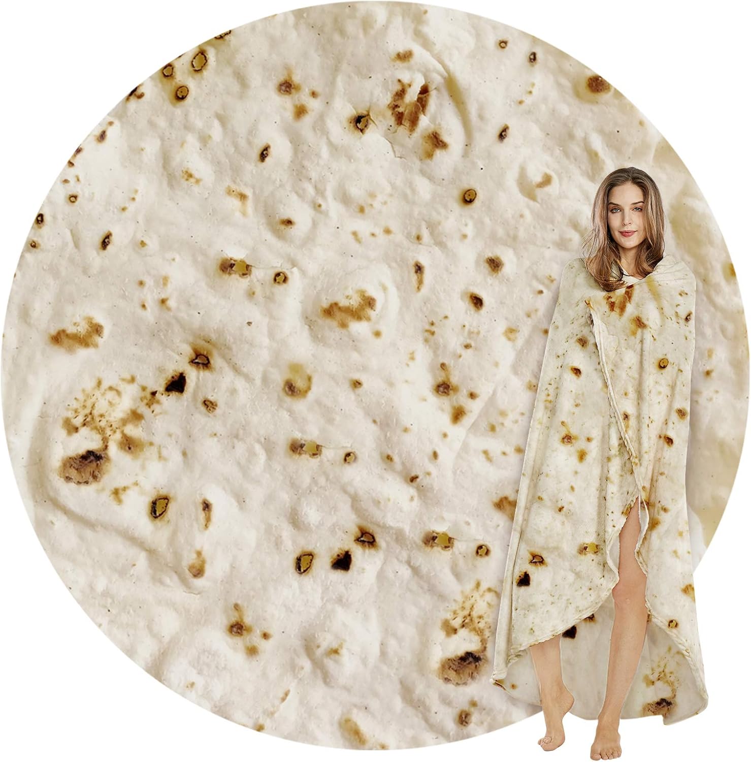 SeaRoomy Burritos Tortilla Throw Blanket, Tortilla Wrap Blanket, Novelty Tortillas Round Blankets Giant Burrito Round Soft Blanket for Adults and Kids (Beige, 71 inches)