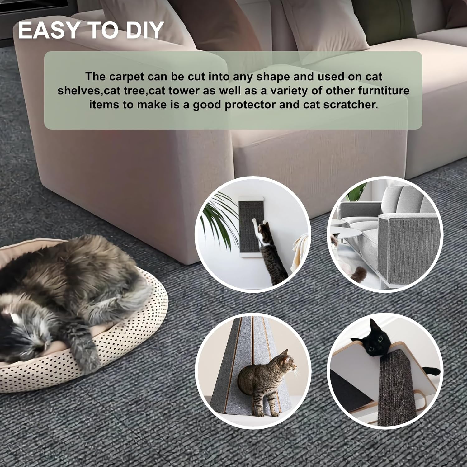 Cat Scratching Carpet Mat, Self-Adhesive Trimmable Cat Climbing Post Covered Pad Replacement for DIY Cat Tree Shelf Steps Couch Corner Wall Cat Scratcher Furniture Protector (Khaki, 78.7x15.8Inch) - Image 5