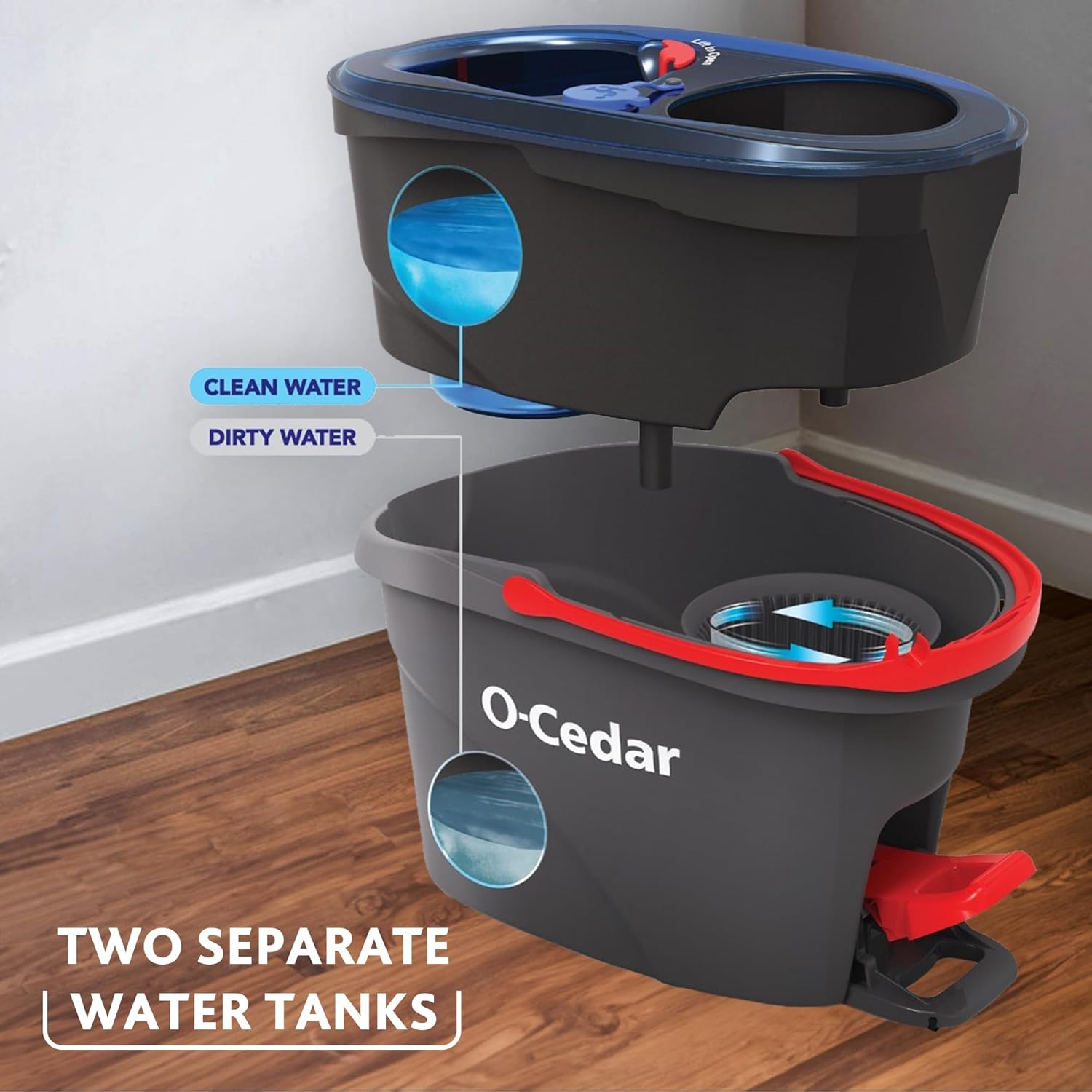 O-Cedar RinseClean Spin Mop & Bucket System + 2 Extra Mop Heads| Clean with Water | Removes 99% of Bacteria - Image 2