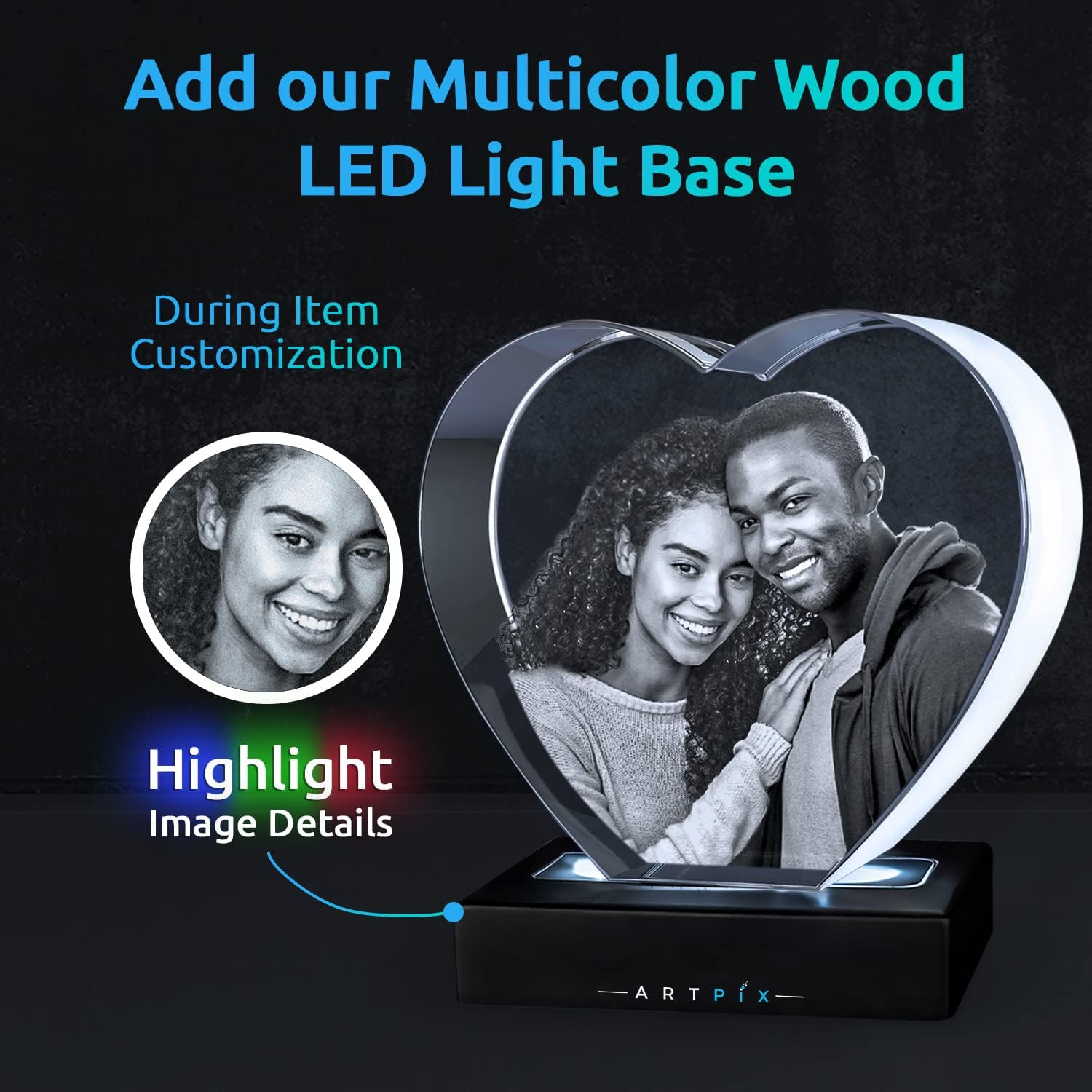 ArtPix 3D Crystal Photo, Personalized Gifts for Women, Wife, Men, Mom, Father, Her, Him, Dad, Grandpa, Great Customized Gift with Your Own Photo, Custom Glass 3D Laser Etched Picture Wedding - Heart - Image 3