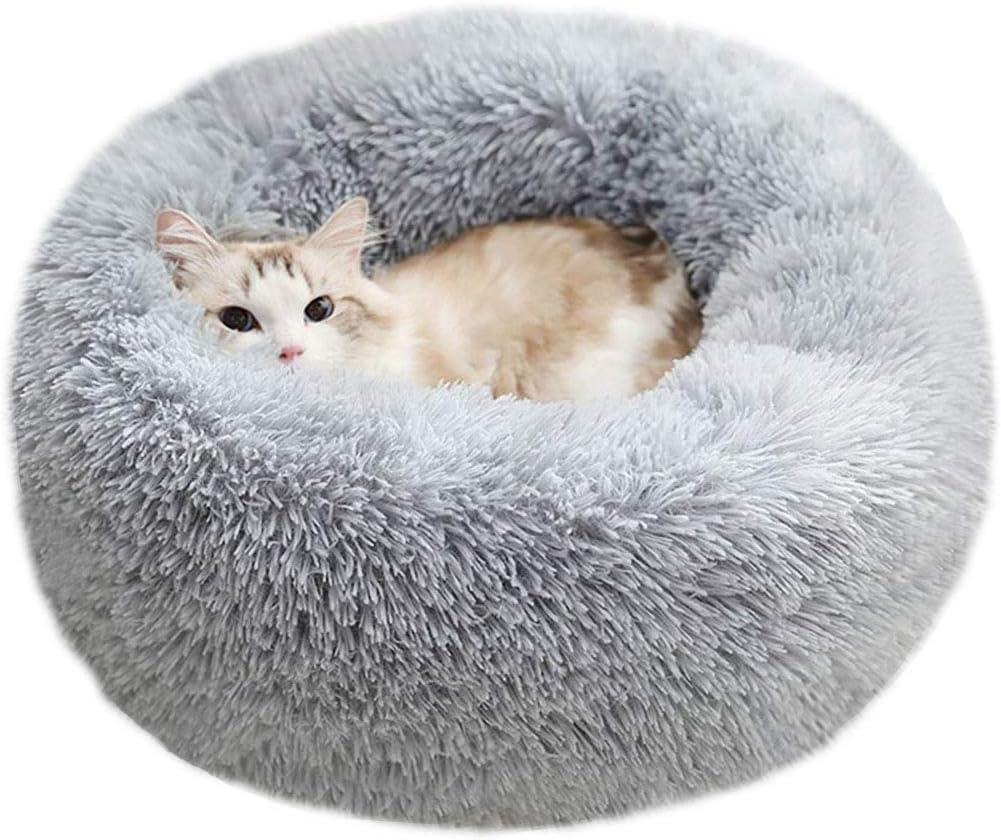 BODISEINT Modern Soft Plush Round Pet Bed for Cats or Small Dogs, Mini Medium Sized Dog Cat Bed Self Warming Autumn Winter Indoor Snooze Sleeping Cozy Kitty Teddy Kennel (20'' D x 8'' H, Light Grey)