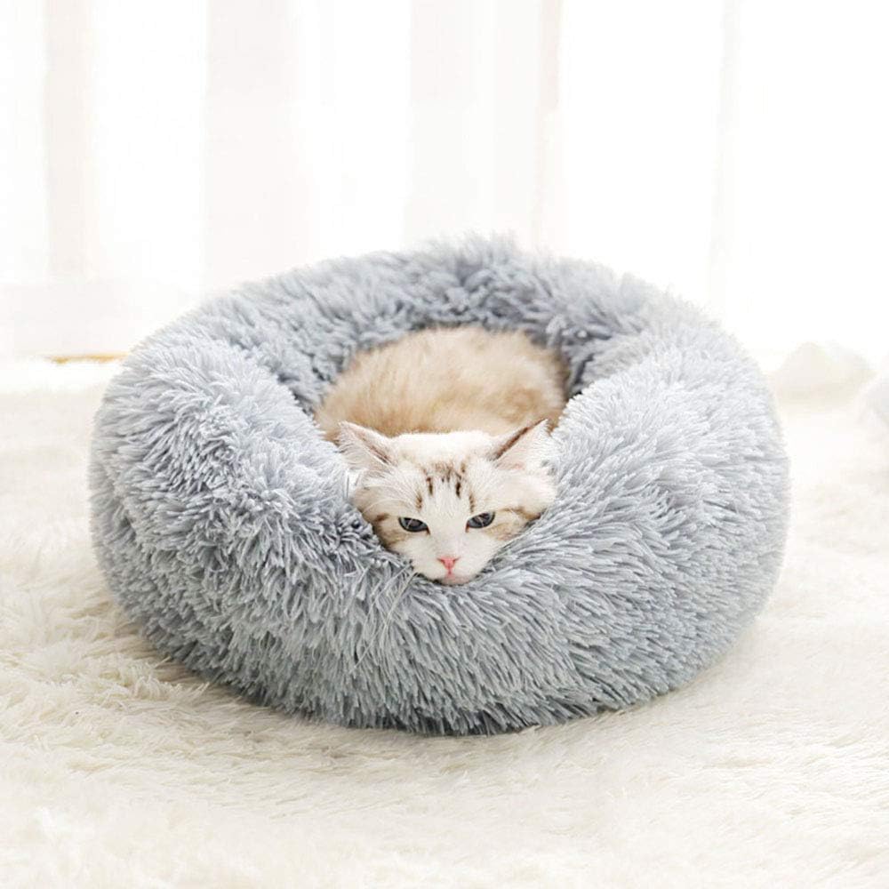 BODISEINT Modern Soft Plush Round Pet Bed for Cats or Small Dogs, Mini Medium Sized Dog Cat Bed Self Warming Autumn Winter Indoor Snooze Sleeping Cozy Kitty Teddy Kennel (20'' D x 8'' H, Light Grey) - Image 2