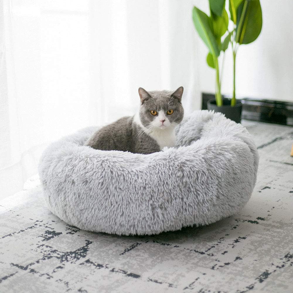 BODISEINT Modern Soft Plush Round Pet Bed for Cats or Small Dogs, Mini Medium Sized Dog Cat Bed Self Warming Autumn Winter Indoor Snooze Sleeping Cozy Kitty Teddy Kennel (20'' D x 8'' H, Light Grey) - Image 3