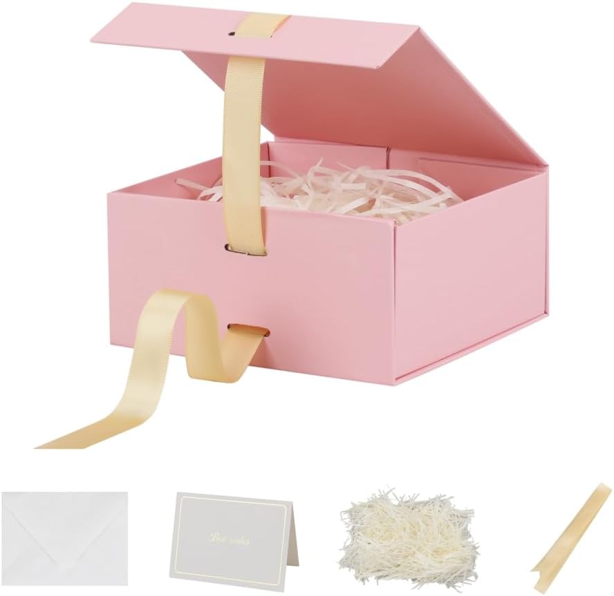 BoxSkivra Pink Gift Box with Ribbon 1 Pack 6X6X3 Inch Small Gift Box with Lid Magnetic Closure Rectangle Collapsible Luxury Gift Boxes for Mother's Day、Birthdays、Shredded Paper Filler & Card