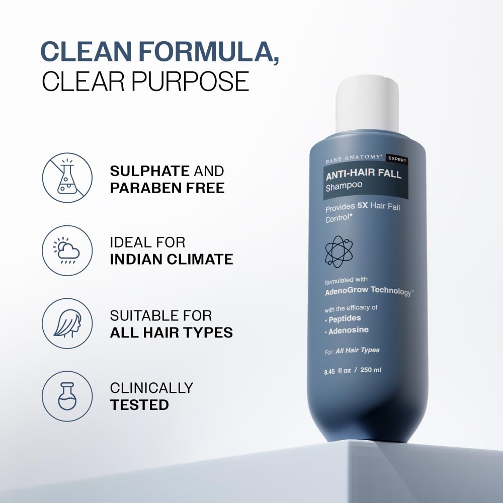Bare Anatomy Anti-Hair Fall Shampoo | Provides 5X Hair Fall Control Suitable for All Hair Types | Enriched with Adenosine and Peptides | 250 ml - Image 8