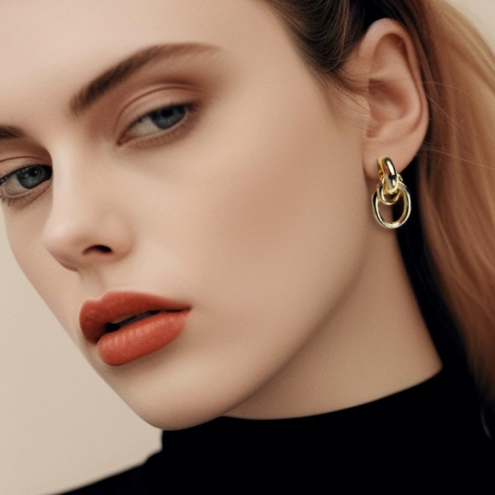 JeanBeau Gold Chunky Statement Drop Dangle Earrings for Women, Trendy Vintage Thick Door Koncker Lightweight Hollow Geometric stud Earring Fashion Jewelry Gift. - Image 2