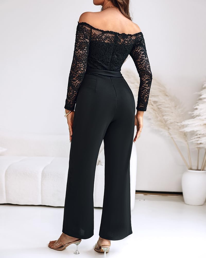 CHICME Womens Dressy Jumpsuits Casual One Piece Outfits Off Shoulder Lace Trim Overalls Straight Leg Pants - Image 5