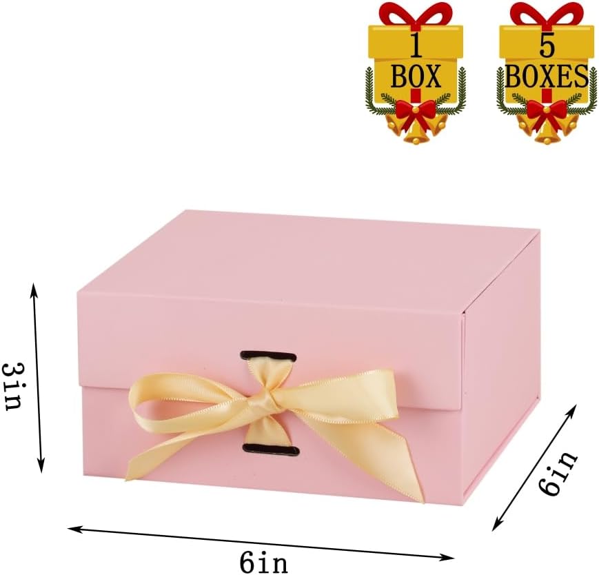BoxSkivra Pink Gift Box with Ribbon 1 Pack 6X6X3 Inch Small Gift Box with Lid Magnetic Closure Rectangle Collapsible Luxury Gift Boxes for Mother's Day、Birthdays、Shredded Paper Filler & Card - Image 3