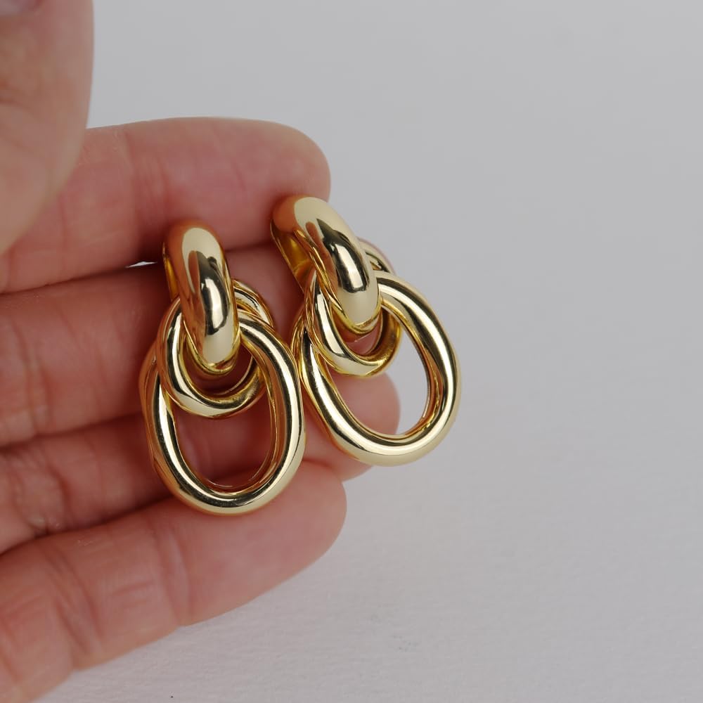 JeanBeau Gold Chunky Statement Drop Dangle Earrings for Women, Trendy Vintage Thick Door Koncker Lightweight Hollow Geometric stud Earring Fashion Jewelry Gift. - Image 3