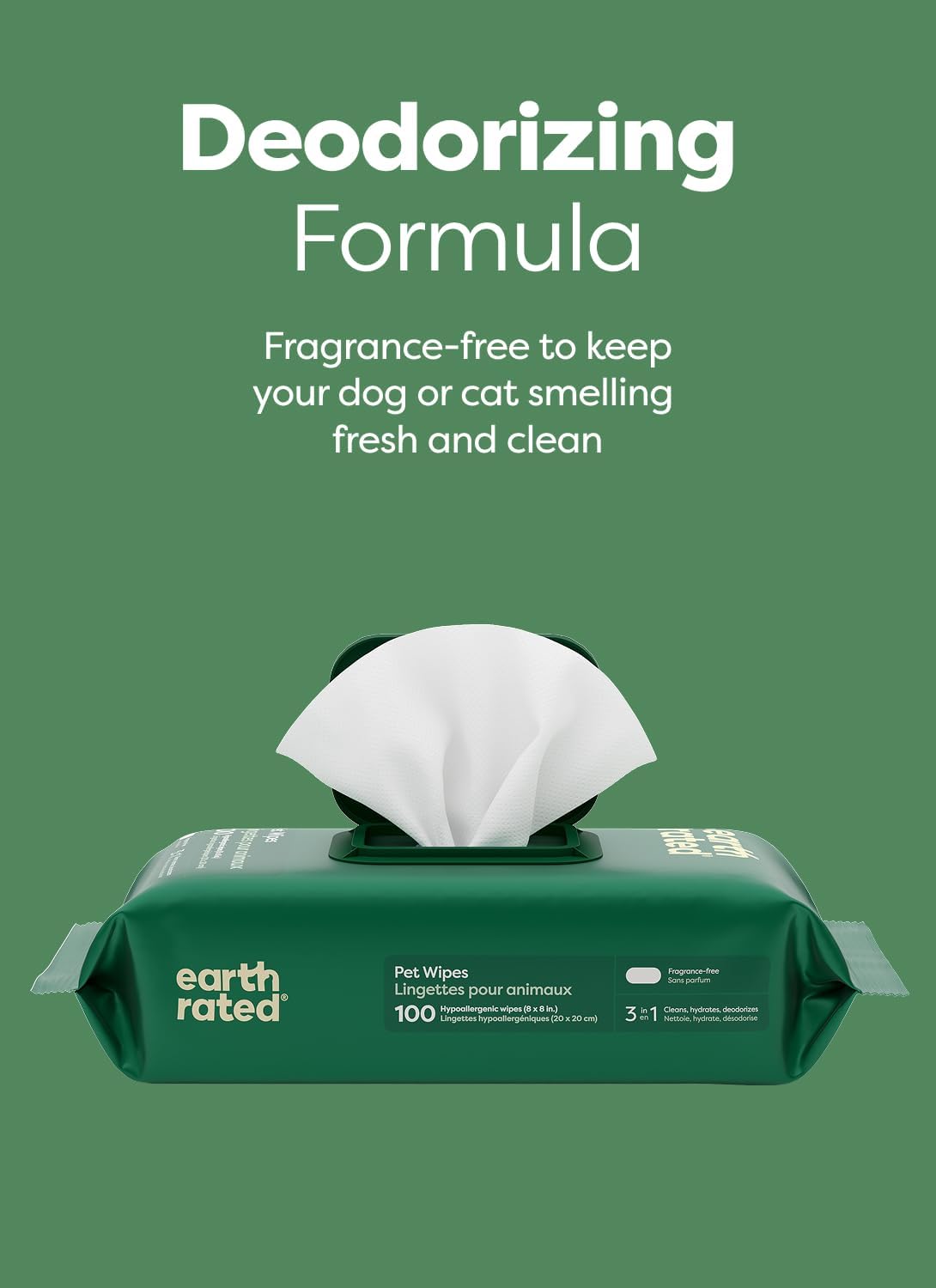 Earth Rated Pet Wipes for Dogs and Cats, Hypoallergenic, 3-in-1 Cleaning, Deodorizing and Hydrating, for Grooming Paws, Body and Butt, Unscented, 100 Count - Image 6