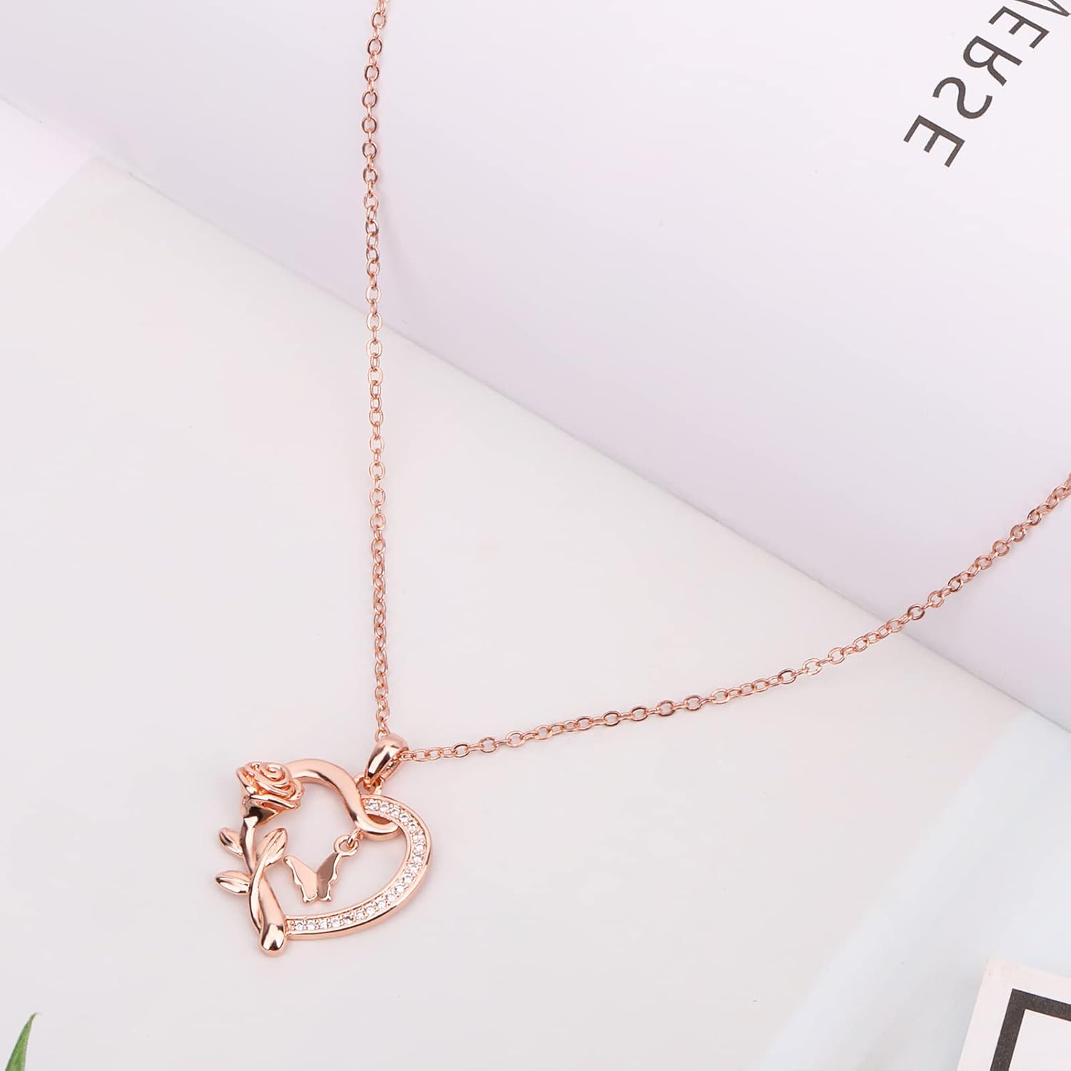 Heart Necklace for Women Sterling Silver/14k Gold Plated/Rose Gold CZ Romantic Rose and Butterfly Jewelry for women Birthday Valentine's Day Gift for Girls - Image 5