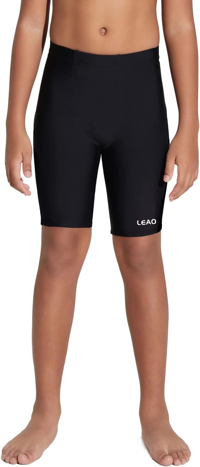 LEAO Youth Boys Swim Jammers Solid Swimsuit UPF 50+ Sun Pretection Quick Dry Athletic Swimming Shorts