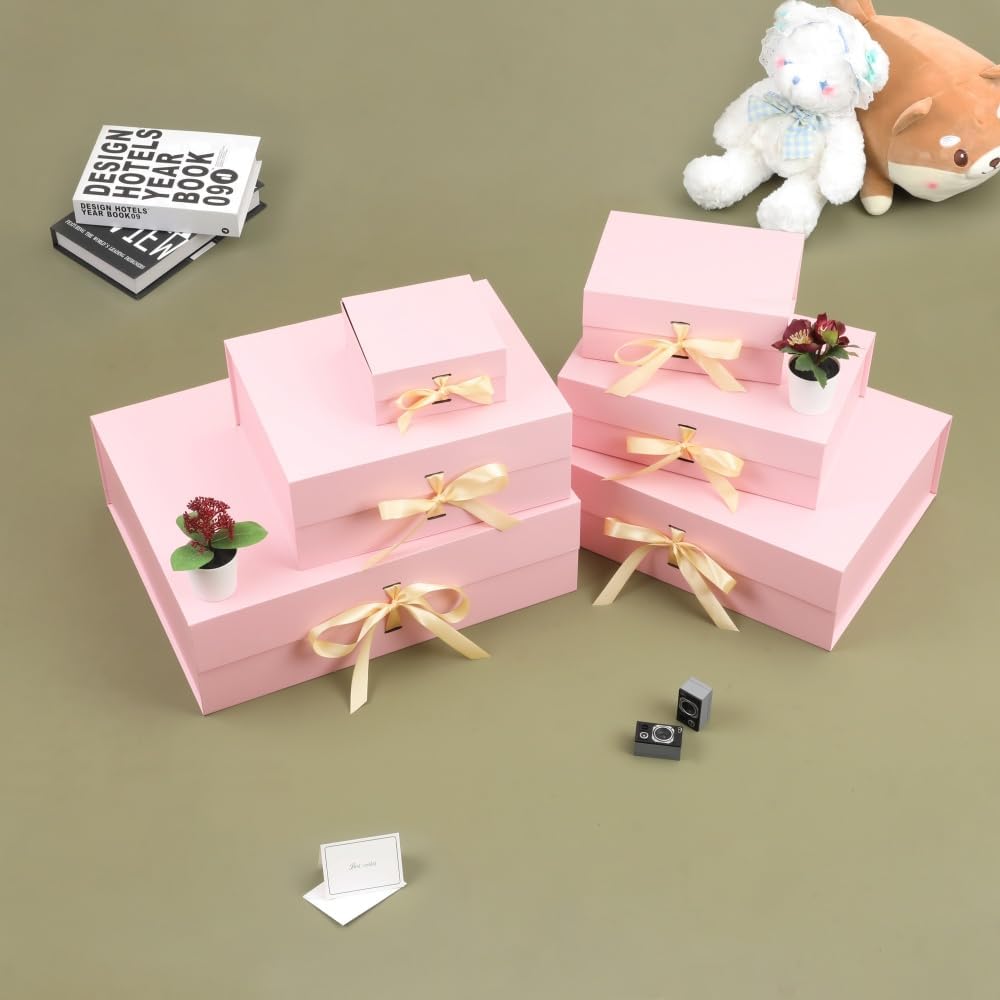 BoxSkivra Pink Gift Box with Ribbon 1 Pack 6X6X3 Inch Small Gift Box with Lid Magnetic Closure Rectangle Collapsible Luxury Gift Boxes for Mother's Day、Birthdays、Shredded Paper Filler & Card - Image 7