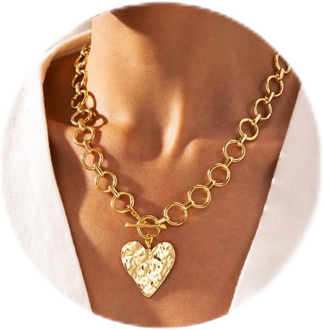 Chunky Gold Heart Necklace for Women,14K Gold Plated Chunky Heart Pendant Bold Chain Necklace with Toggle Clasp,Waterproof Non Tarnish Hypoallergenic Chunky Statement Jewelry Gift for Women