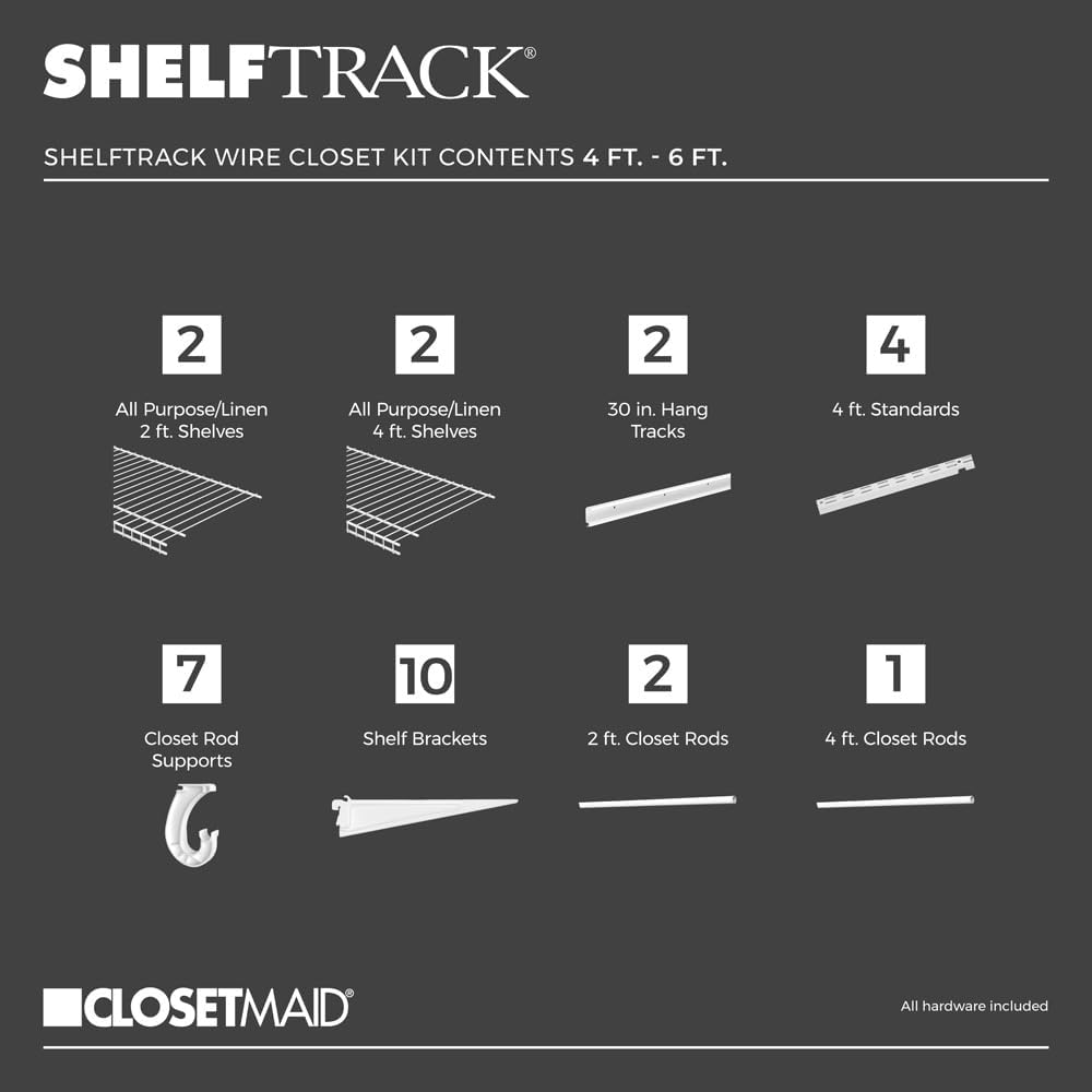 ClosetMaid ShelfTrack Wire Closet Organizer System, Adjustable from 4 to 6 Ft., With Shelves, Clothes Rods, Hardware, Durable Steel, White - Image 4