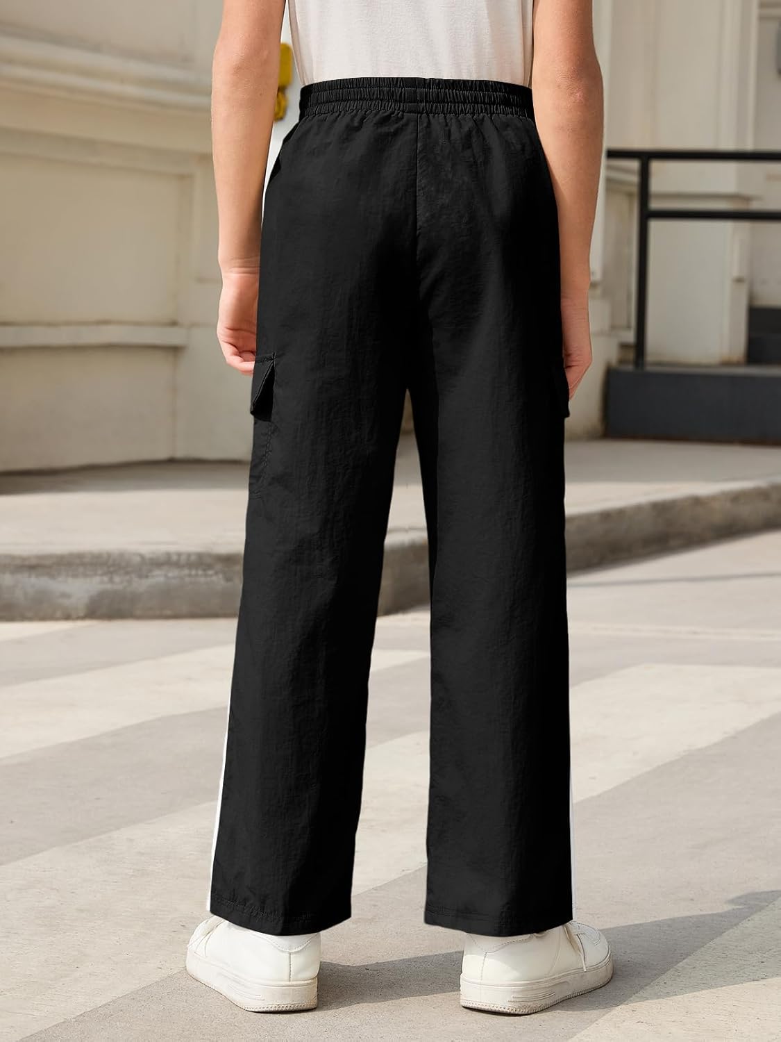 Haloumoning Boys Wide Leg Cargo Pants Kids Striped Elastic Waist Parachute Trousers with Pockets 5-14 Years - Image 4