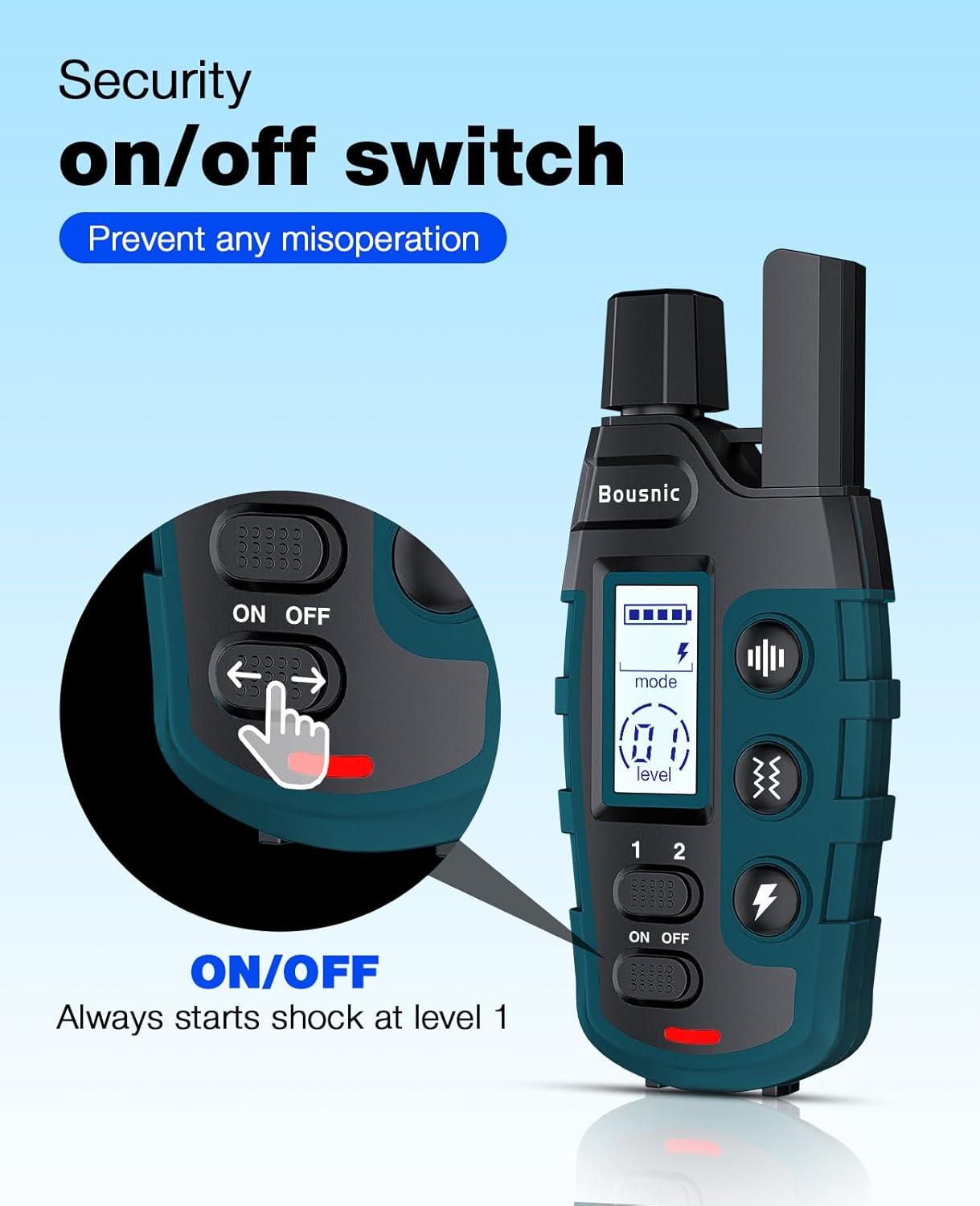 Bousnic Dog Shock Collar - 3300Ft Training Collar with Remote for 5-120lbs Small Medium Large Dogs Rechargeable Waterproof e Collar with Beep (1-8), Shake(1-16), Safe Shock(1-99) Modes (Black) - Image 7