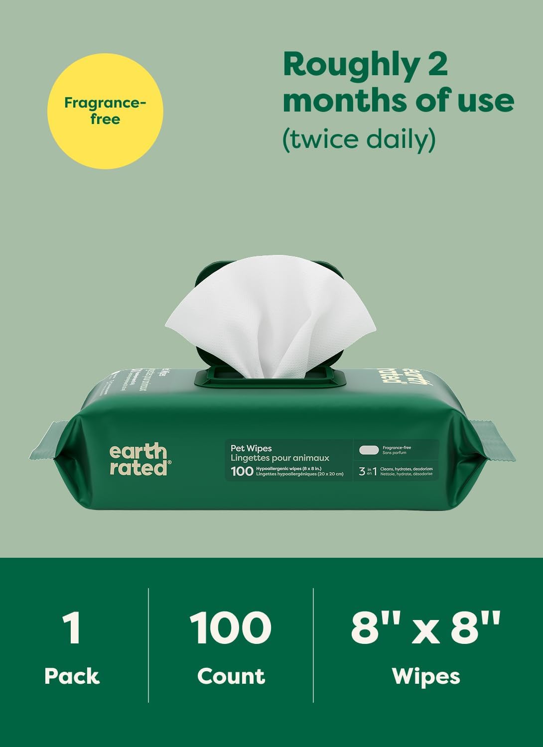 Earth Rated Pet Wipes for Dogs and Cats, Hypoallergenic, 3-in-1 Cleaning, Deodorizing and Hydrating, for Grooming Paws, Body and Butt, Unscented, 100 Count - Image 8