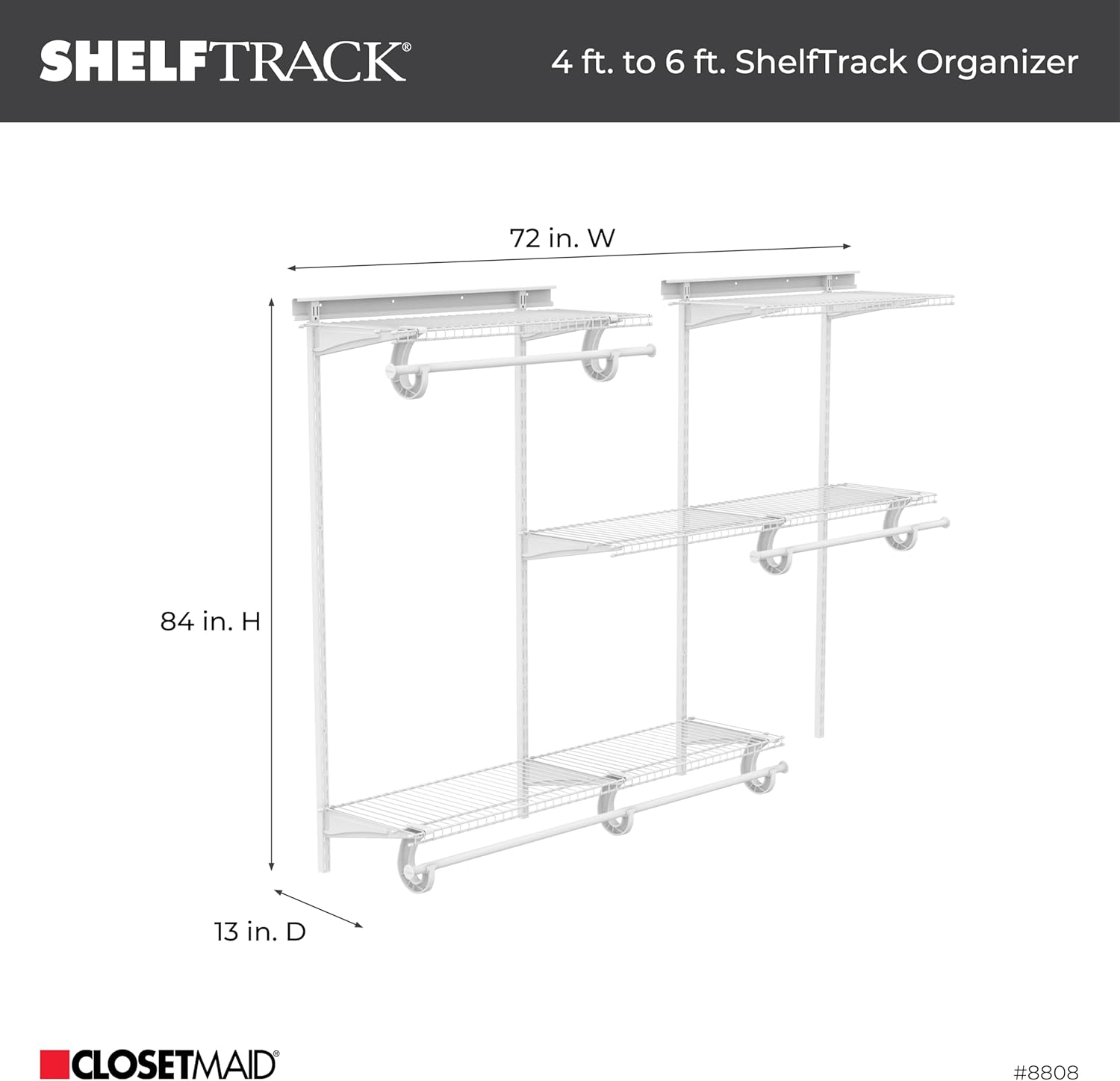 ClosetMaid ShelfTrack Wire Closet Organizer System, Adjustable from 4 to 6 Ft., With Shelves, Clothes Rods, Hardware, Durable Steel, White - Image 2