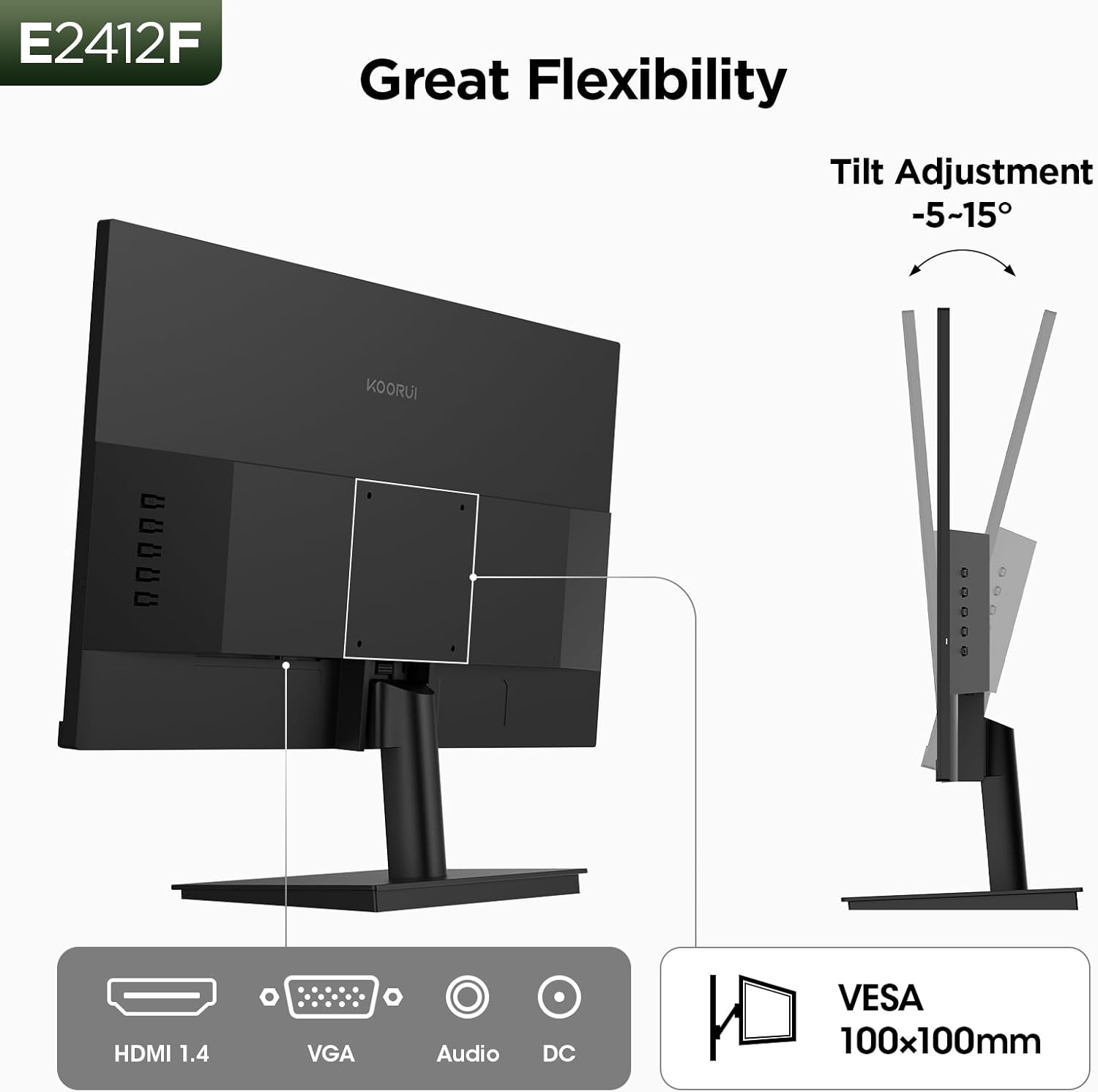 KOORUI 24-inch Computer Monitor Full HD 1920 x 1080p 100Hz VA Display 4000:1 Contrast Ratio with HDMI VGA, TÜV Rheinland Certified, 100 x 100 mm VESA Mountable, Ultra-Slim Design, Tilt, Black, E2412F - Image 6