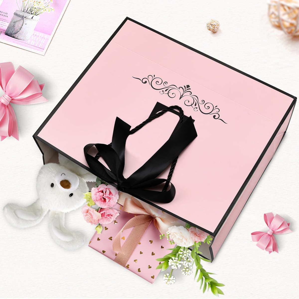 KeerxunBag Personalized Gift Bag, featuring the letter L logo - A pink paper gift bag with a letter pattern, accompanied by a ribbon bow, matching thin paper, and a greeting card set. - Image 4