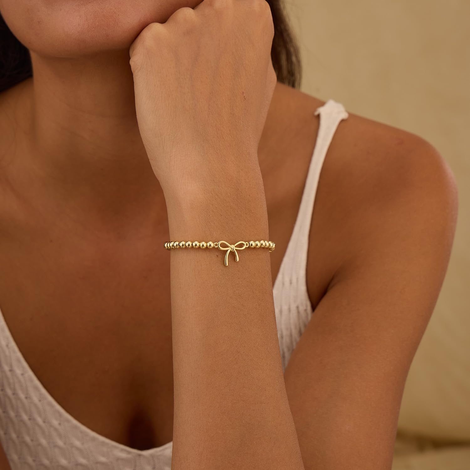 Easter Basket Stuffers - Beaded Bracelets for Women 14K Silver Gold Plated Stretch Handmade Ball Bracelets Cute Charm Bracelet Dainty Stackable Cross Heart Bow Wave CZ Trendy Jewelry Gifts - Image 8