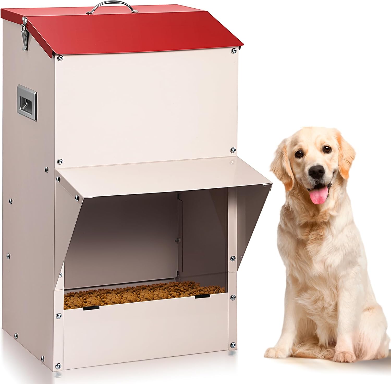 Outdoor Gravity Dog Feeder, 50 lb Large Capacity Automatic Dog Food Dispenser, Heavy Steel Weather-Resistant Pet Feeder with Clear Viewing Door, Wall or Ground Mount for Large Dogs