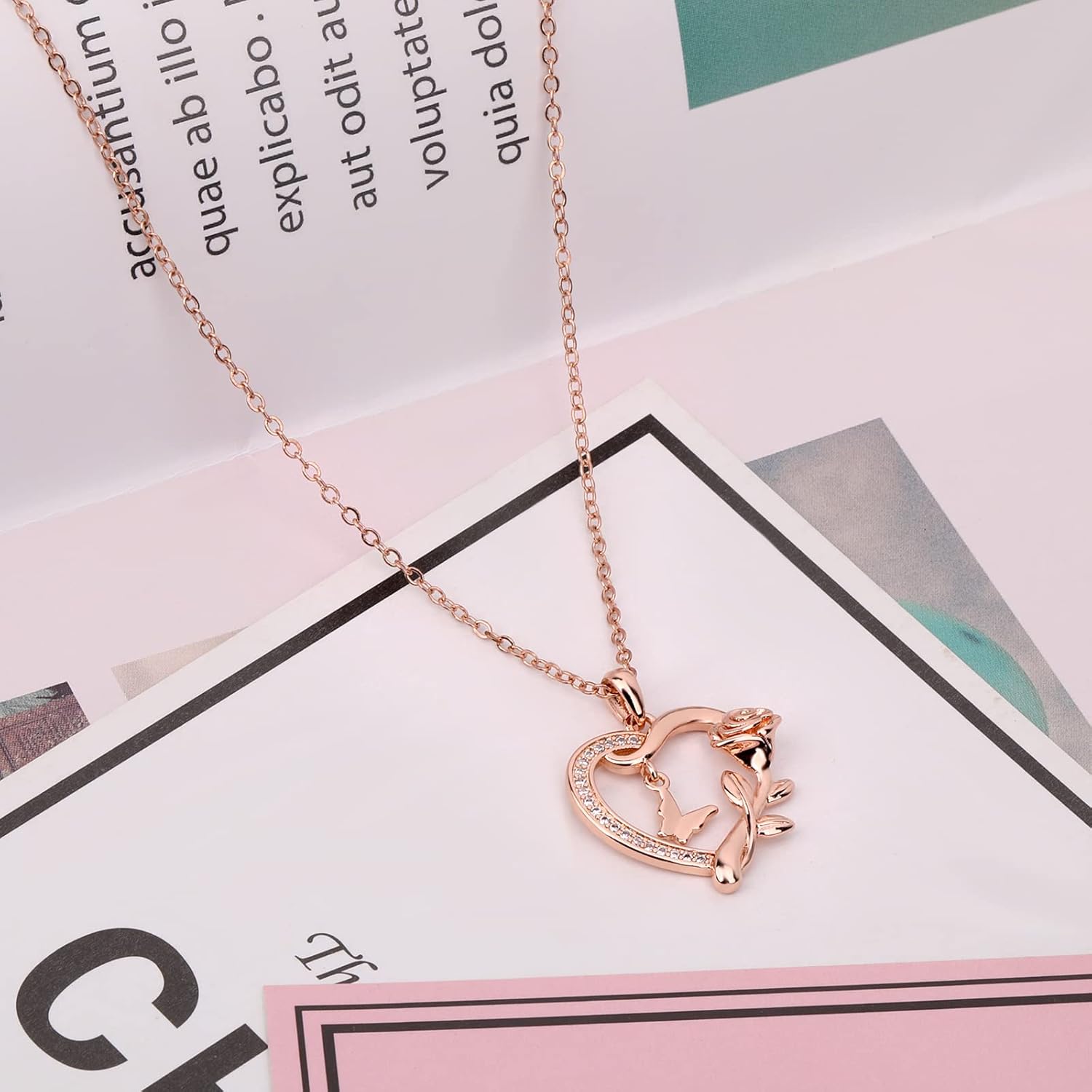 Heart Necklace for Women Sterling Silver/14k Gold Plated/Rose Gold CZ Romantic Rose and Butterfly Jewelry for women Birthday Valentine's Day Gift for Girls - Image 3