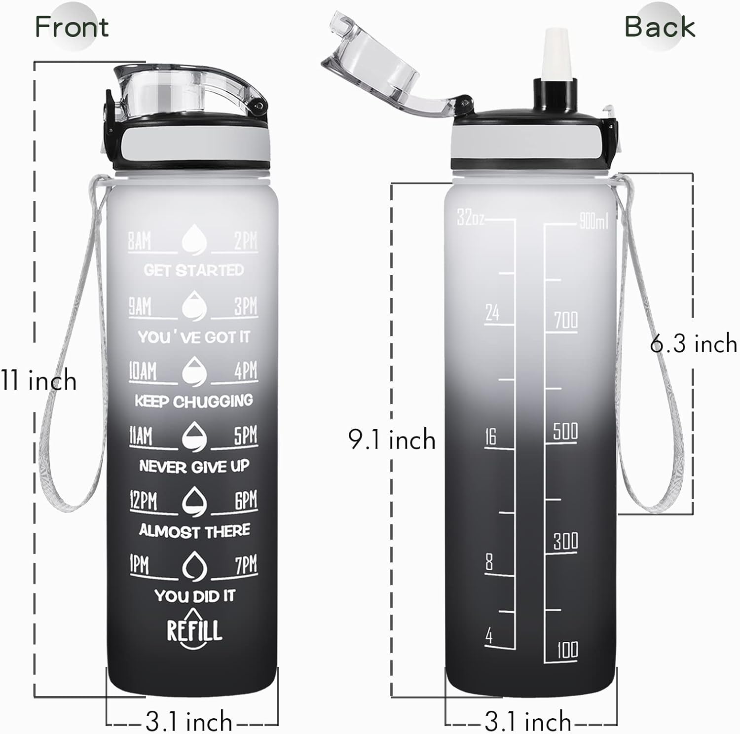 Enerbone Water Bottle, Leakproof BPA & Toxic Free, Motivational Water Bottle with Times to Drink and Straw, Fitness Sports Water Bottle with Strap for Office, Gym, Outdoor Sports - Image 3