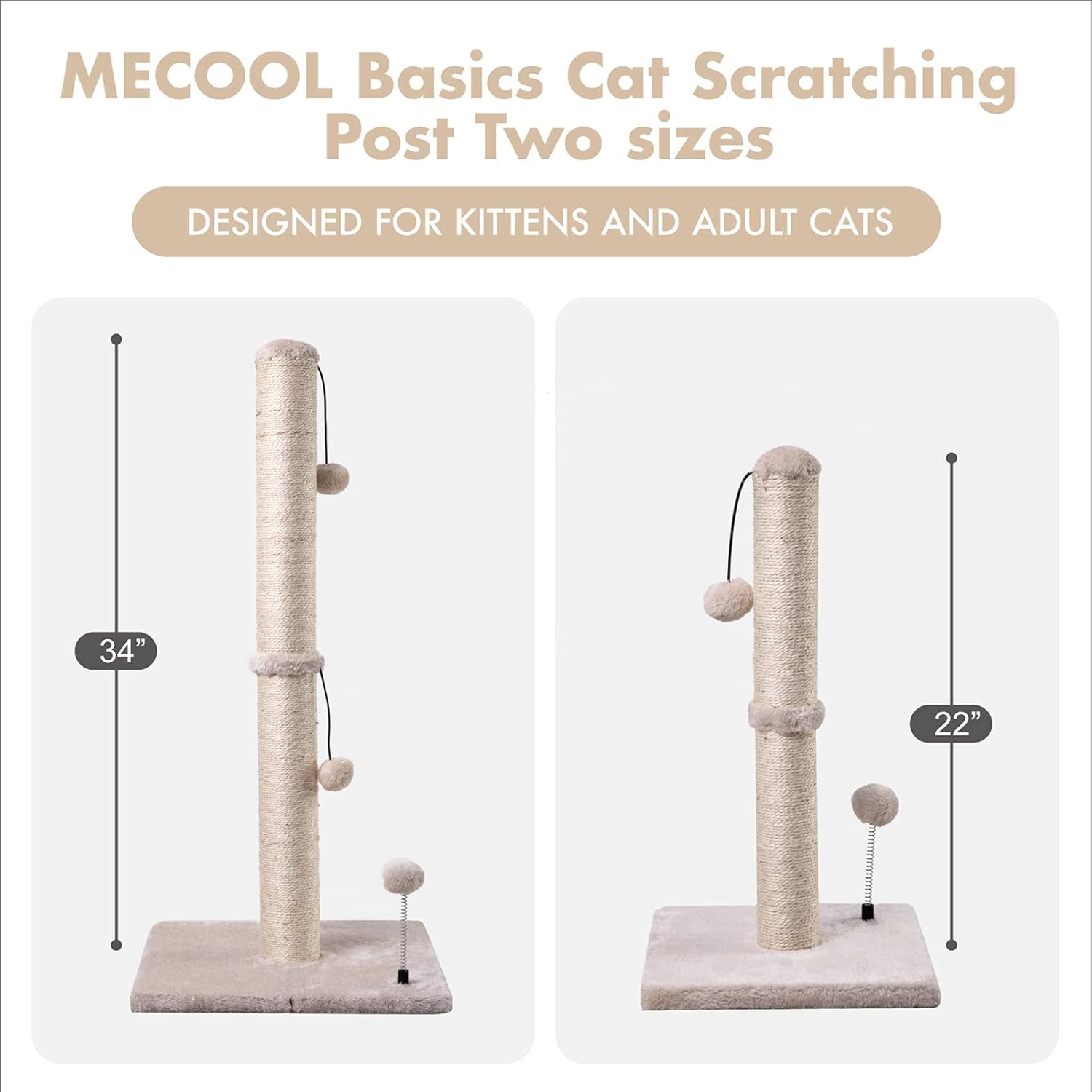 MECOOL Cat Scratching Post Premium Basics Kitten Scratcher Sisal Scratch Posts with Hanging Ball 22in for Kittens or Smaller Cats (22 inches for Kitten, Beige) - Image 6
