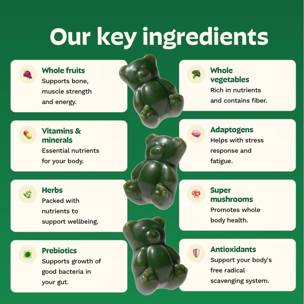 Gruns Adults Super Greens Gummies, Multivitamin Superfood Gummy Bears, Spirulina, Chlorella, Prebiotics & Fiber Gummies for Digestive Health, Adaptogens Supplement, 20 Vitamins & Minerals, 10 Count - Image 3