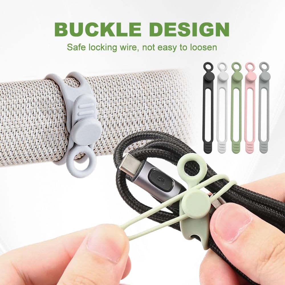 Data Cable Organizer, 2026 Upgrade Silicone Headphone Organizers, Silicone Cable Ties Reusable Cable Management Organizers Multipurpose Elastic Cord Organizer for Bundling and Fastening Cables (5Pcs) - Image 4