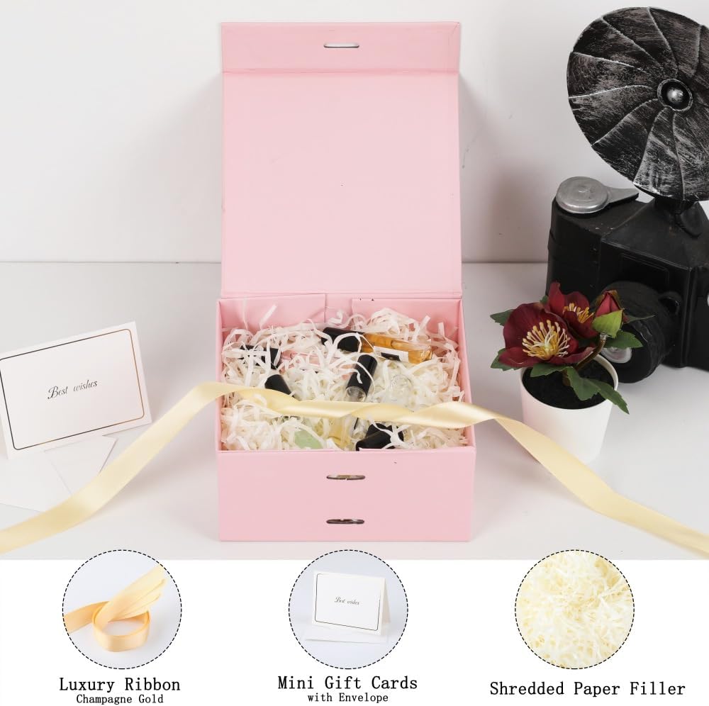 BoxSkivra Pink Gift Box with Ribbon 1 Pack 6X6X3 Inch Small Gift Box with Lid Magnetic Closure Rectangle Collapsible Luxury Gift Boxes for Mother's Day、Birthdays、Shredded Paper Filler & Card - Image 2