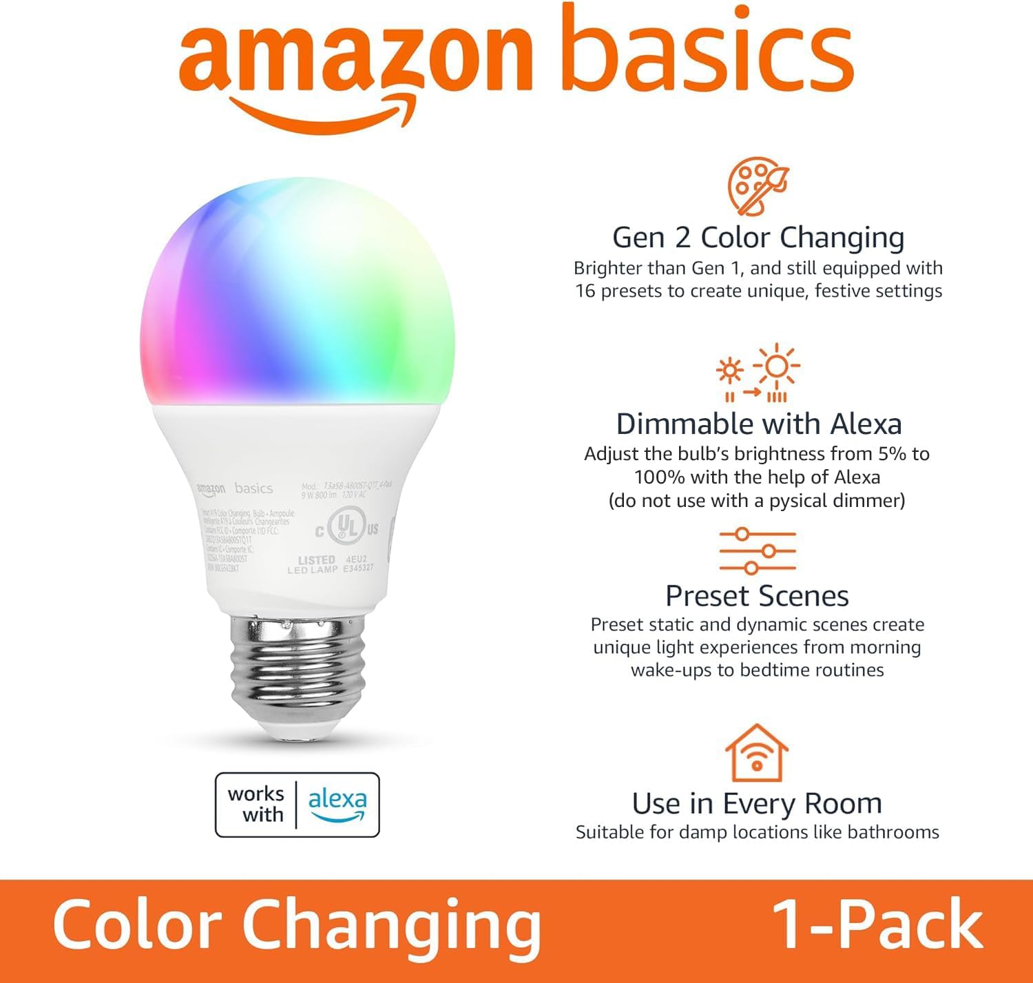 Amazon Basics Smart A19 LED Light Bulb, Color Changing, 9W (60W Equivalent), 800LM, Works with Alexa Only, WiFi 2.4 GHz, No Hub Required, Mood Lighting, Energy Efficient, 1-Pack - Image 2