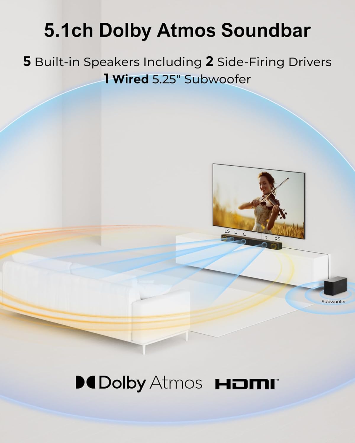 ULTIMEA 5.1CH Surround Sound Bar with Subwoofer, Dolby Atmos, VoiceMX, BassMX, APP, 300W Soundbar for Smart TV, Home Theater Surround Sound System for TV, BT 5.4, Poseidon M60 (2025 Model) - Image 3